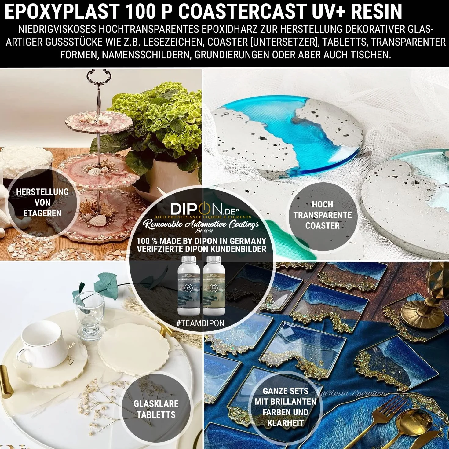 CoasterCast 100 sztuk żywicy epoksydowej, zestaw 100 sztuk, UV+ 3 kg, krystalicznie czysta i bez pęcherzyków powietrza, maksymalna ochrona przed promieniowaniem UV, bez BPA, nietoksyczna, nadaje się