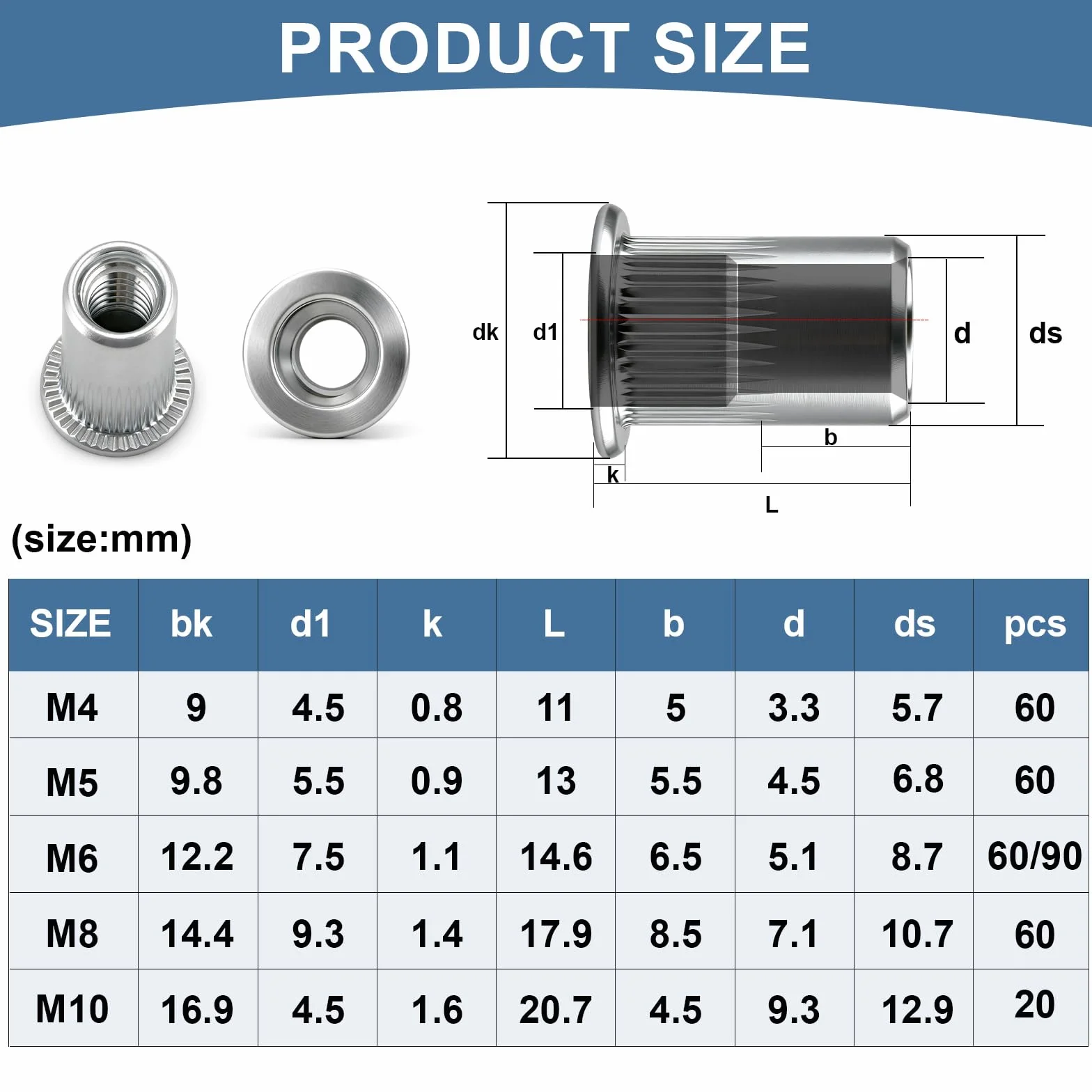 Nitonakrętki M6 x 15 mm ocynkowane, stalowe, 120 sztuk nakrętki gwintowane do płyt metalowych