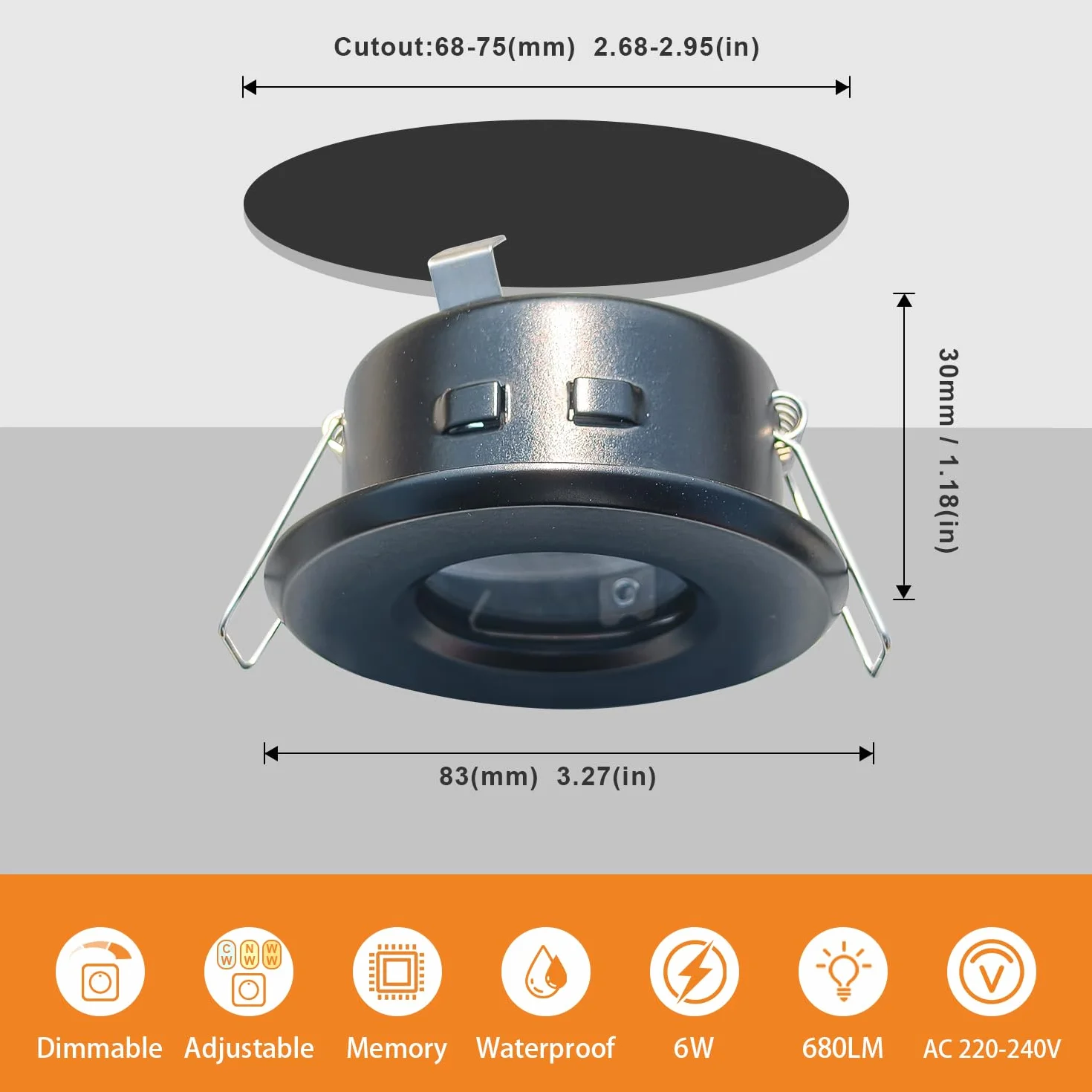 Reflektor LED Wpuszczany Ściemnialny 6W 680LM IP65 Ciepła Biel 3000K Neutralna 4000K Zimna 6000K Czarny 3 szt
