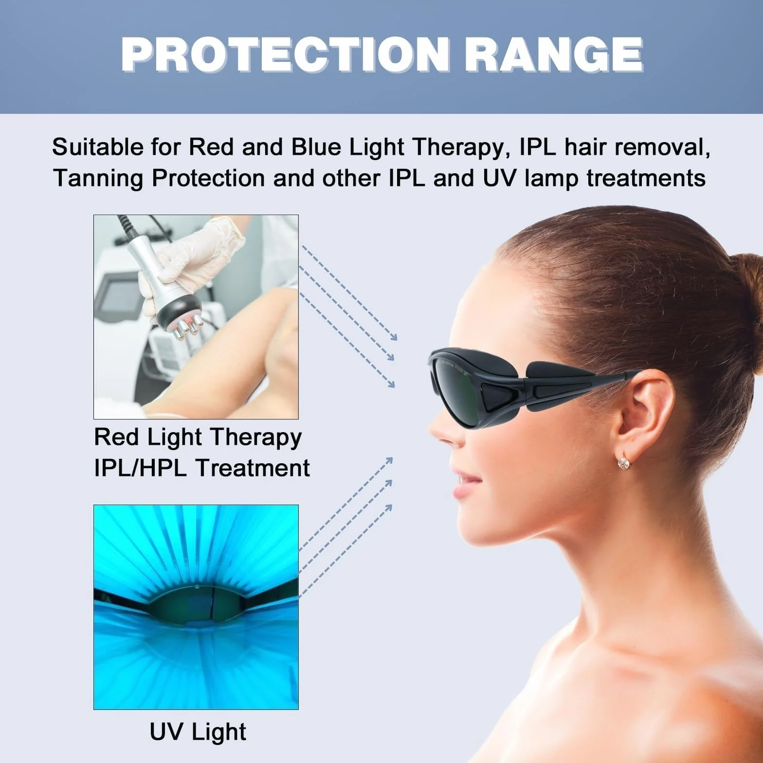 MCWlaser Okulary ochronne do terapii światłem czerwonym i niebieskim LED, UV400, 200-2000 nm, IPL, laserowe
