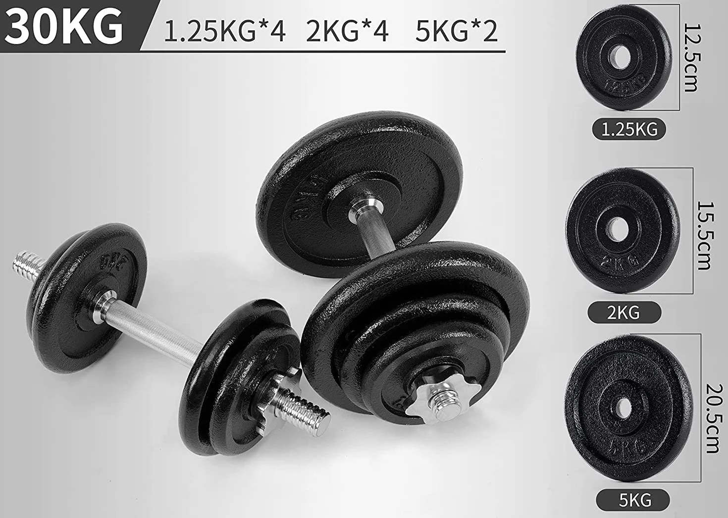 Ultrasport Zestaw hantli 30 kg, niski bar ze sztangą, hantle, sztanga, zestaw ciężarków, ciężarki 30 kg, obciążniki 30 mm, żeliwo, stal, zestaw sztangi, hantle, trening siłowy