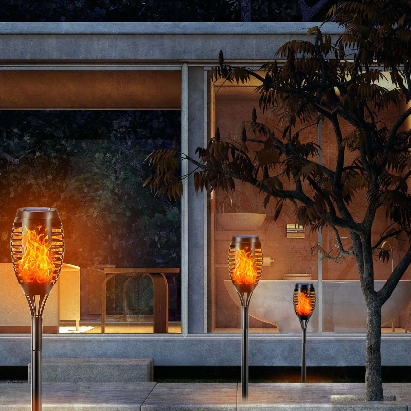 LQWELL Latarki solarne ogrodowe IP65 2 sztuki 12 diod LED realistyczna lampa ścieżkowa z płomieniem
