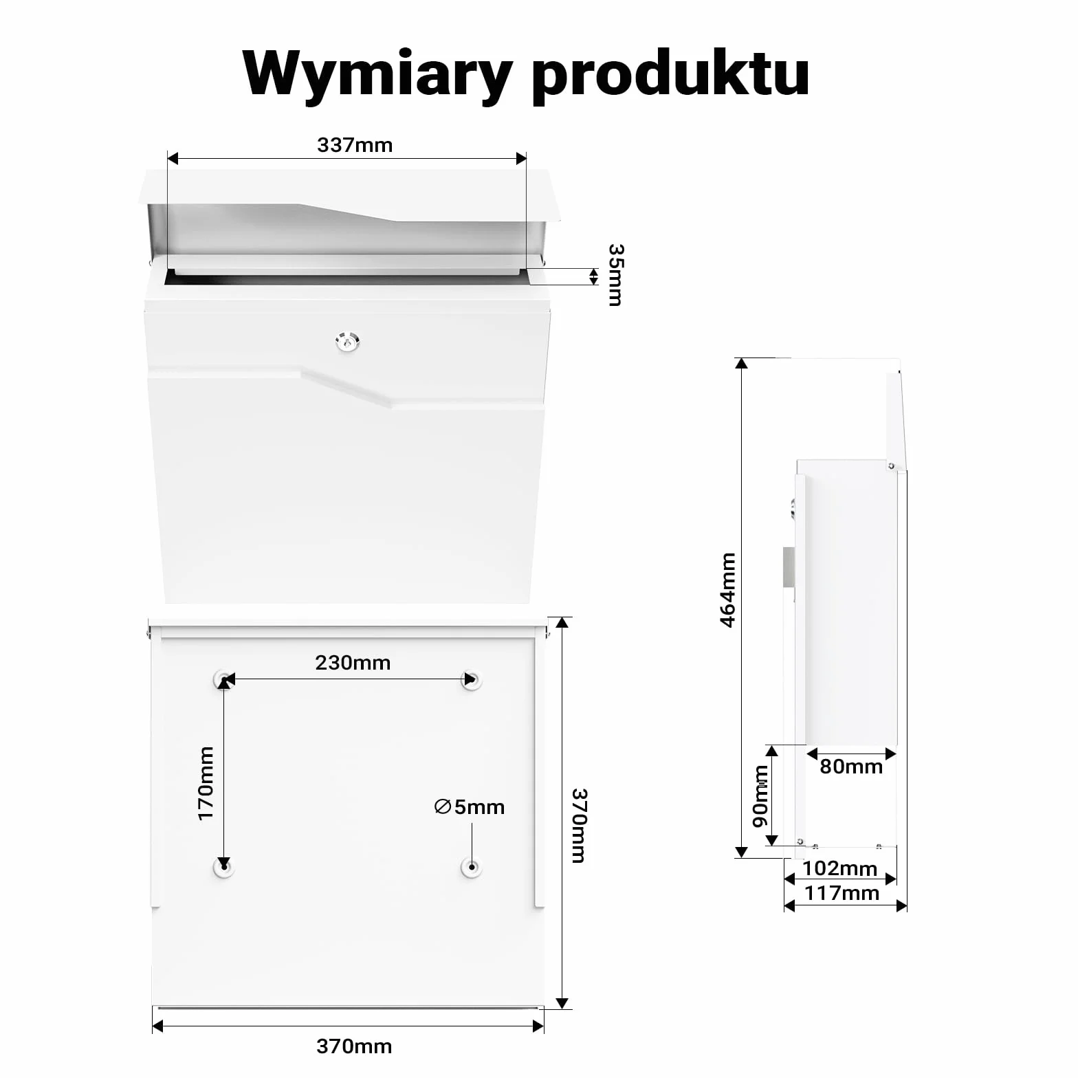Wiltec Skrzynka na listy biała V19, stalowa z ukrytym zamkiem, nowoczesna skrzynka pocztowa do montażu na ścianie i stojaku, miejsce na gazety