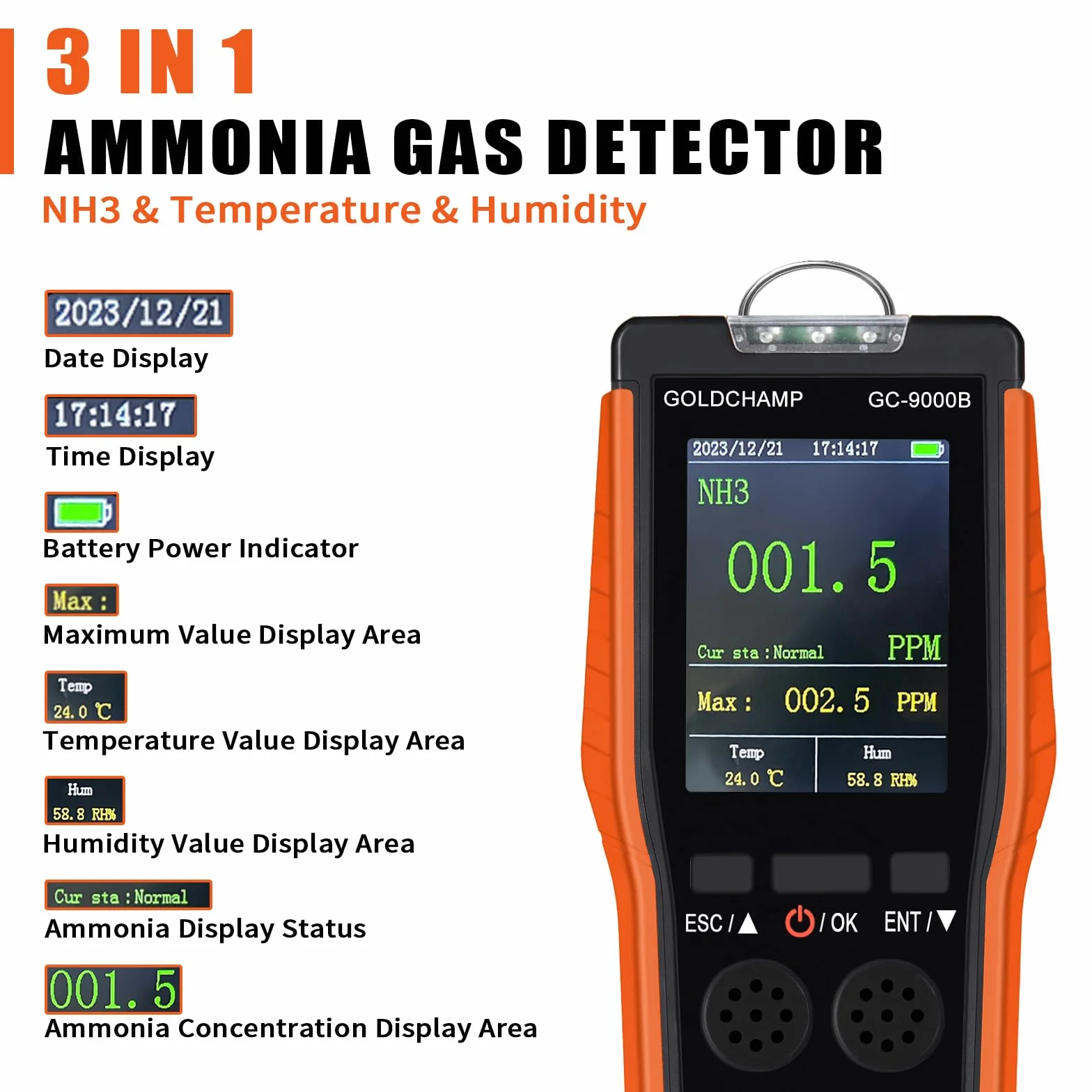 Detektor gazu amoniaku GC-9000B 3 w 1 0~100 PPM NH czujnik temperatury wilgotności