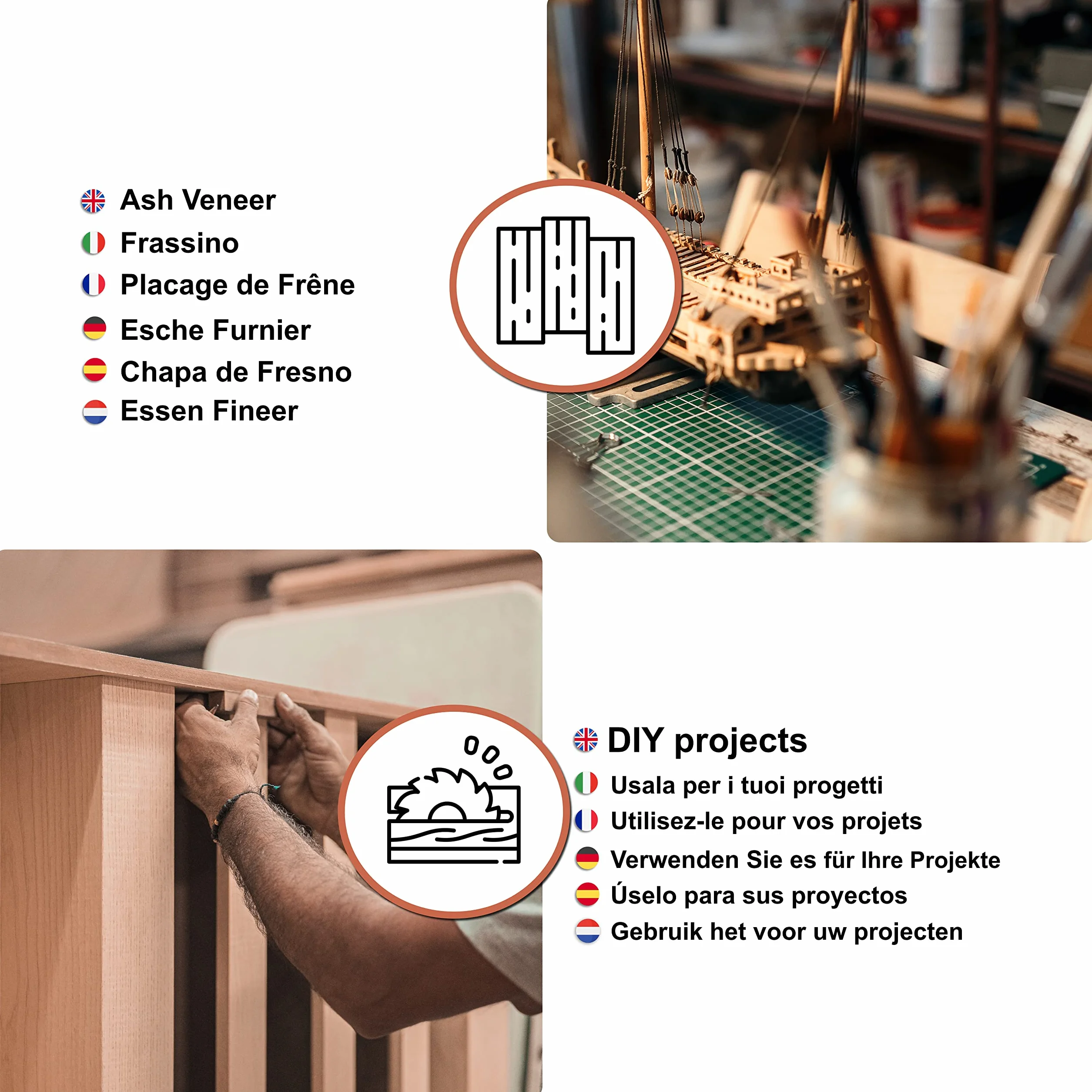 Jesion x 8 arkuszy | fornir drewniany | ilość: 0,38 m² | nadaje się do: modelarstwa, mebli, prac naprawczych, renowacji, majsterkowania, inlay i rzemiosła, wąskie linie