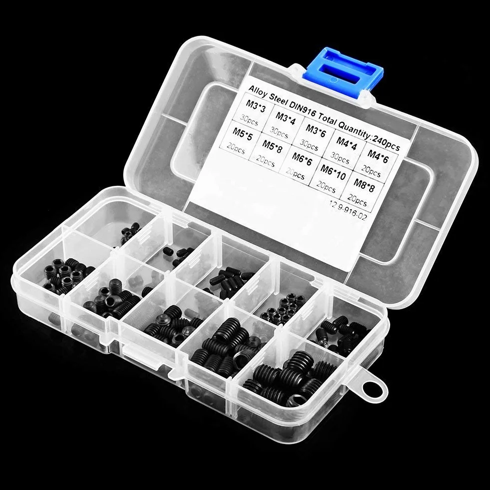 Madenschrauben Kopf Muttern DIN916 M3-M8 Schwarz Legiertem Stahl Hex Gewinde Cup Point Sortiment Kits