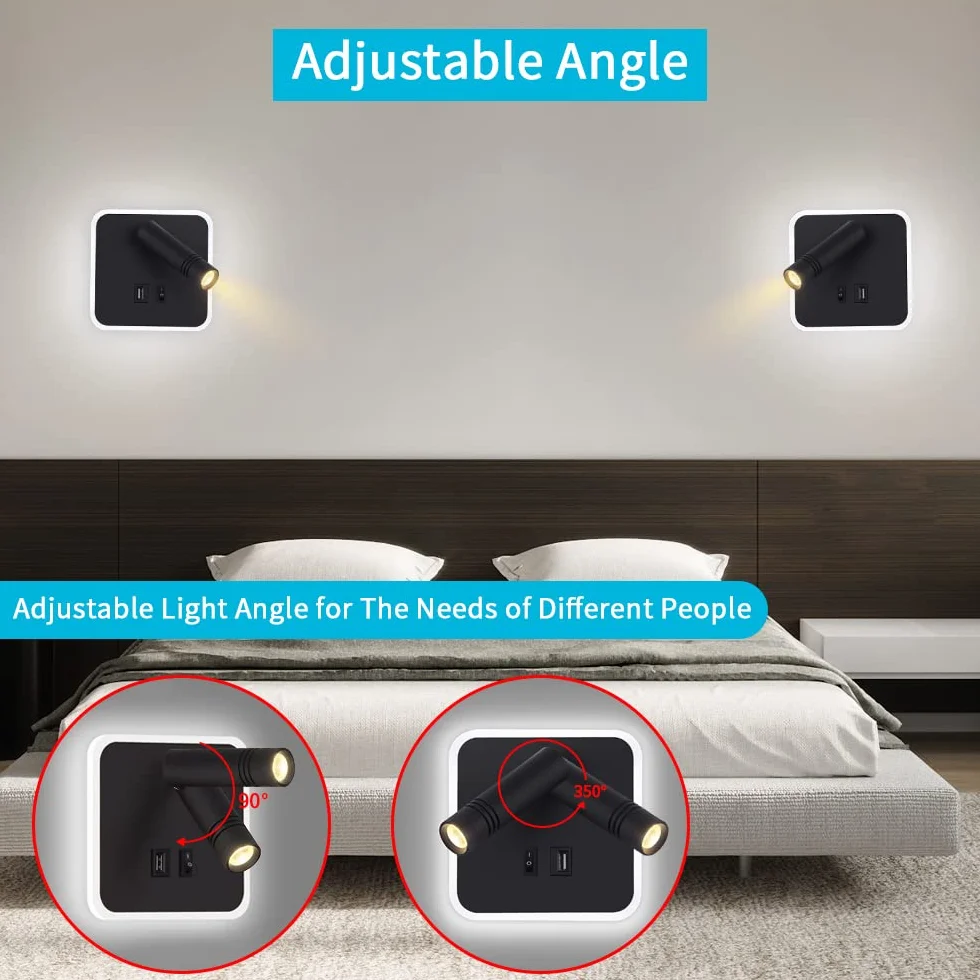 ERWEY Lampa ścienna LED do czytania, regulowana 3W 4000K + 5W 6000K, z przełącznikiem i USB, czarna