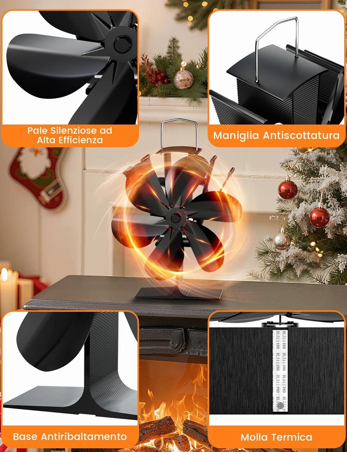 Wentylator do pieca na drewno, 6 łopatek, wentylator kominkowy, 50-350°C, zasilany ciepłem, cichy, z ochroną przed przegrzaniem, do pieca na drewno, kominka, gazu, peletu