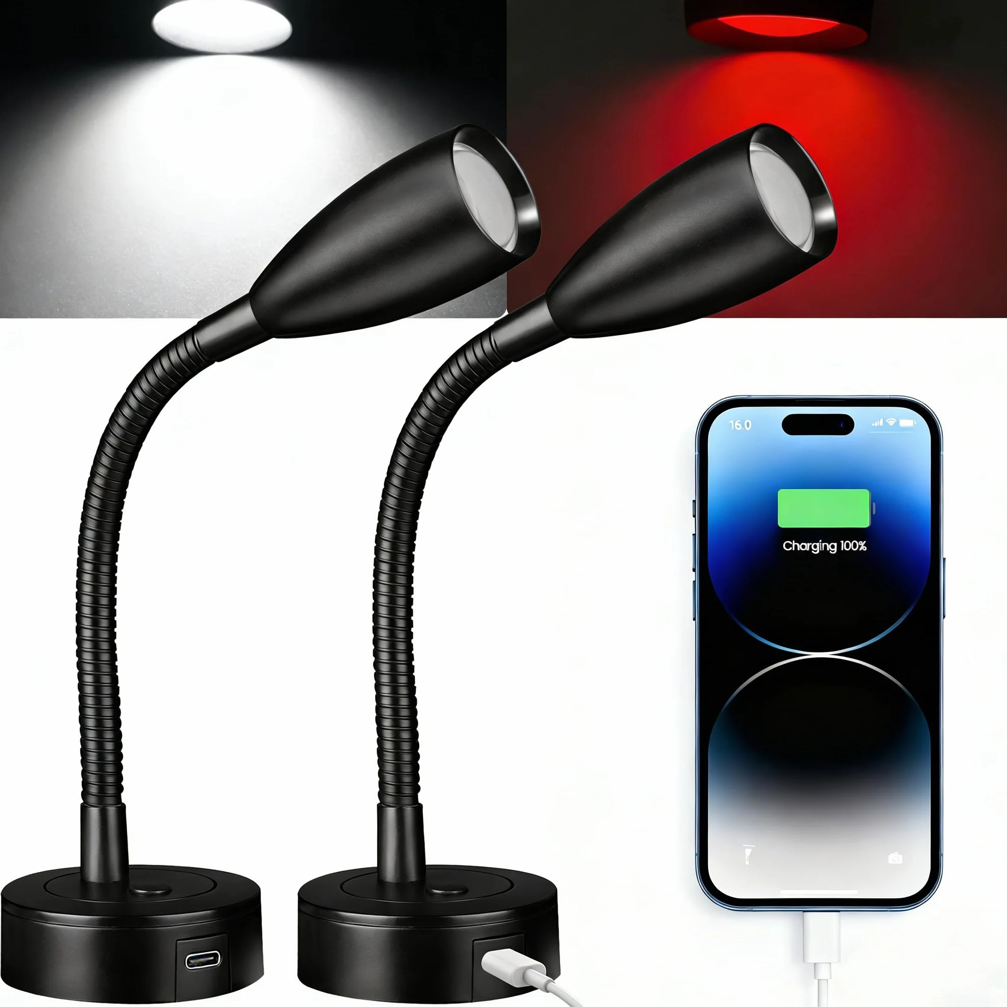 12 V LED lampka do czytania kampera ściemniana 24 V montaż ścienny type-C 20 W czerwone światło czarna 4000
