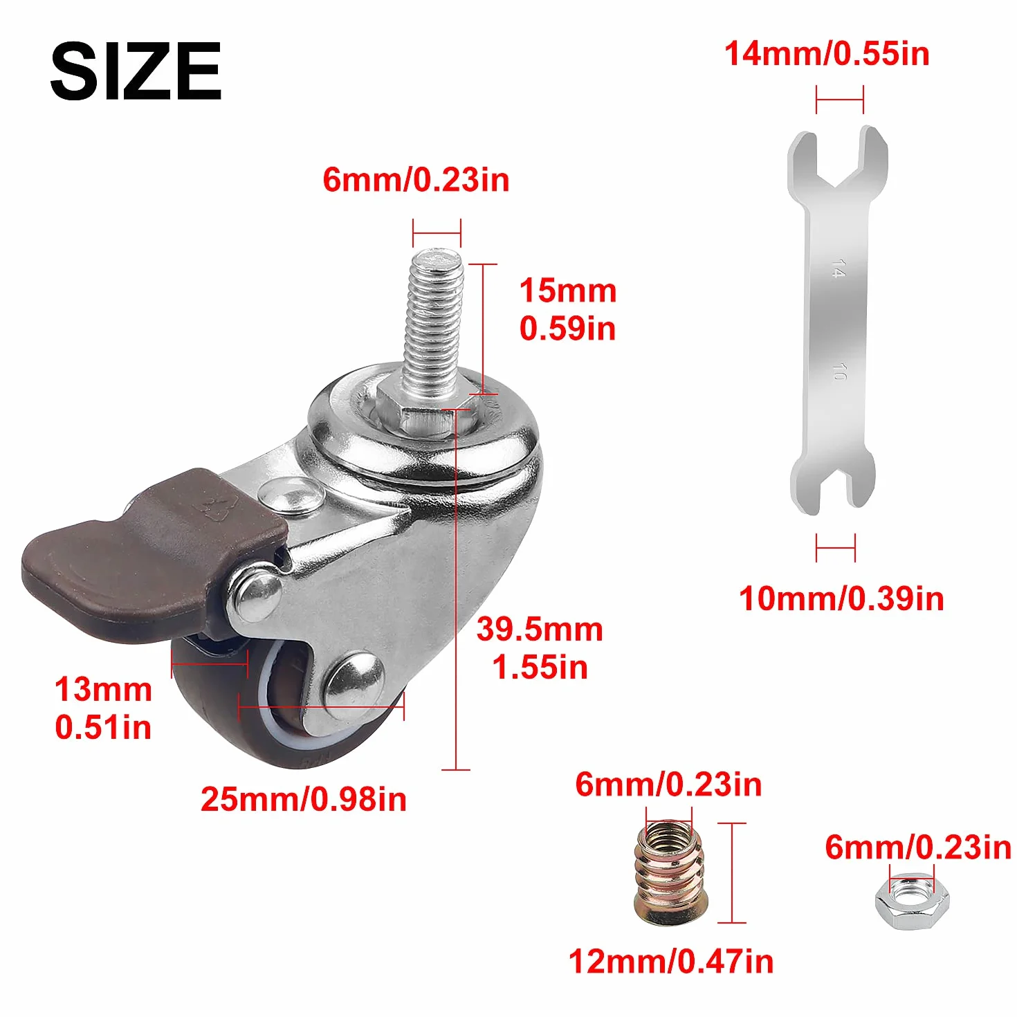 DBREAKS Rolka skrętna 25 mm 4 kółka transportowe M6 x 15 mm kółko obrotowe z gwintem kółko meblowe z hamulcem TPE łączna nośność 44 kg