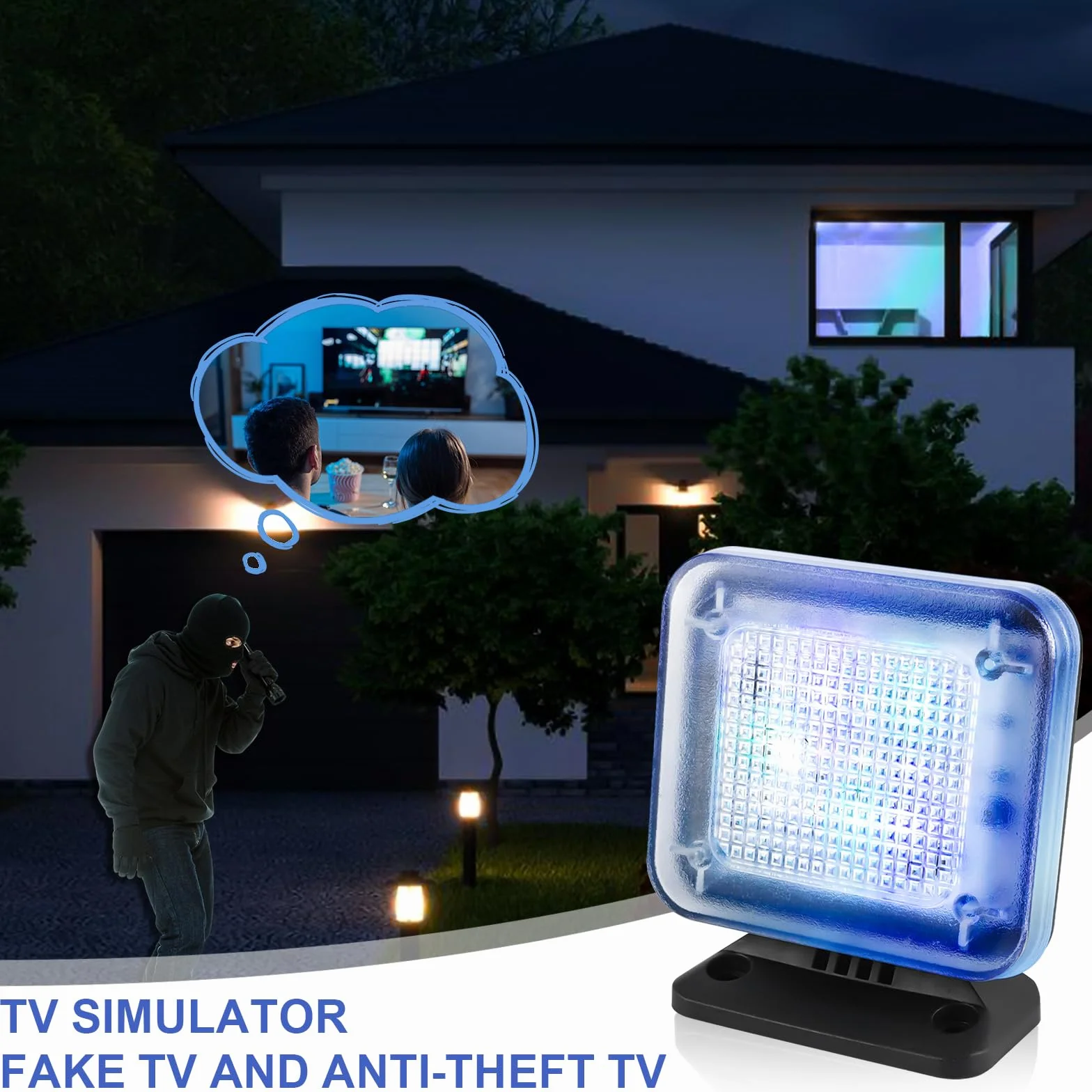 Symulator TV z 12 diodami LED, 3 programy, programator czasowy, energooszczędny, z adapterem sieciowym