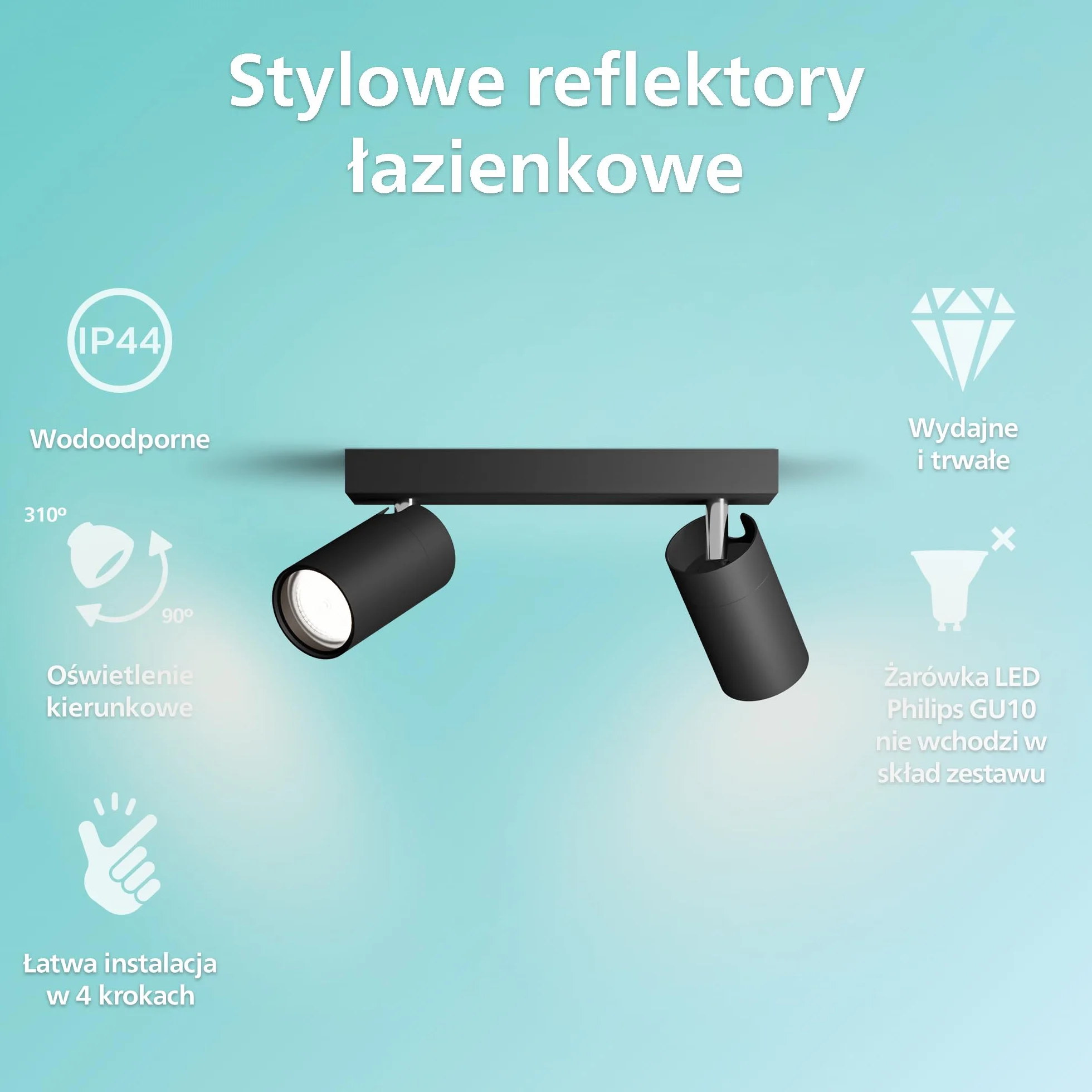 Philips LED Podwójny reflektor punktowy Idris, czarny, IP44, wodoodporny