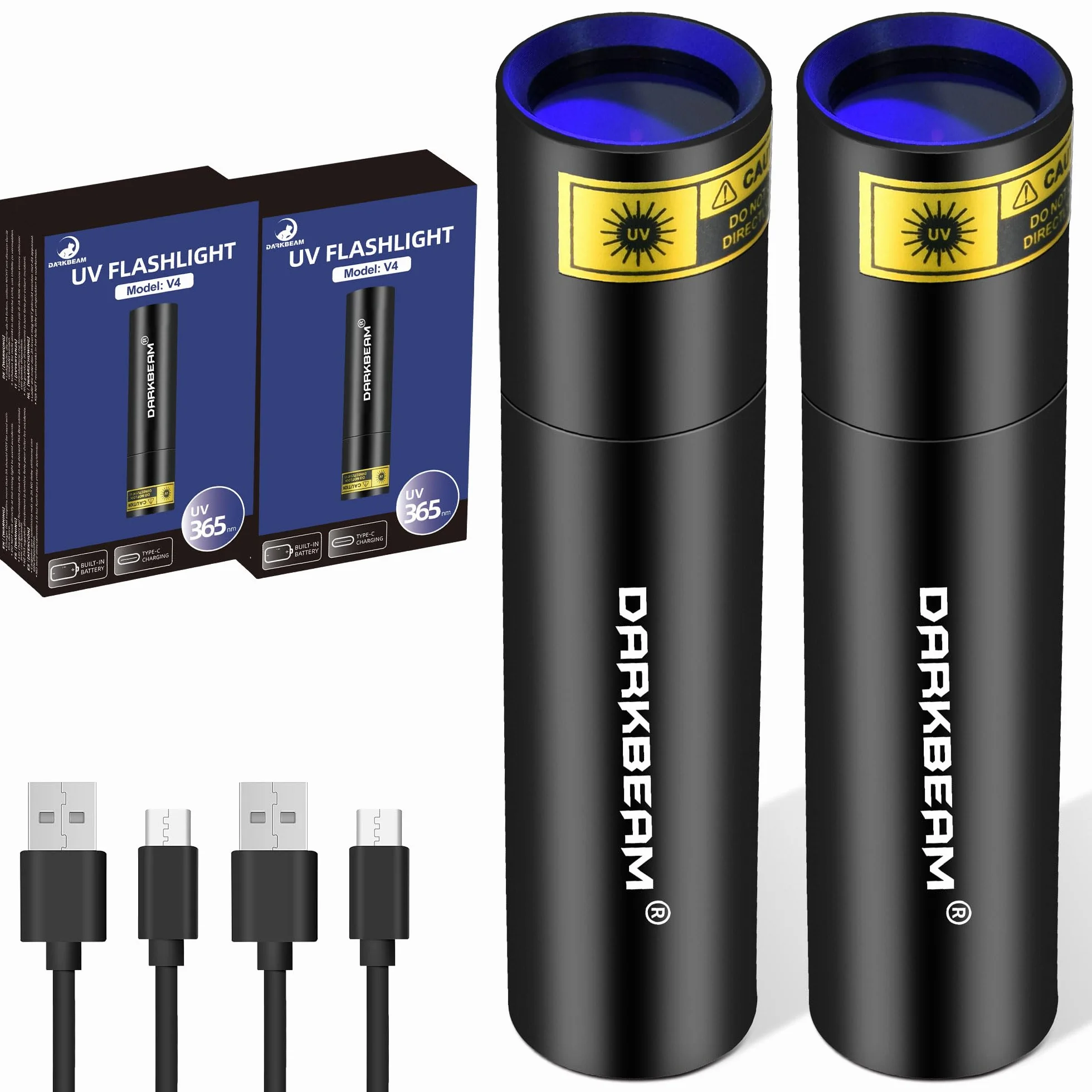 DARKBEAM Latarka UV 365nm Blacklight, Mini Potężna Lampa Leśna USB-C Akumulator, Latarki LED Ultrafioletowe Wykrywacz moczu zwierząt domowych, 2szt