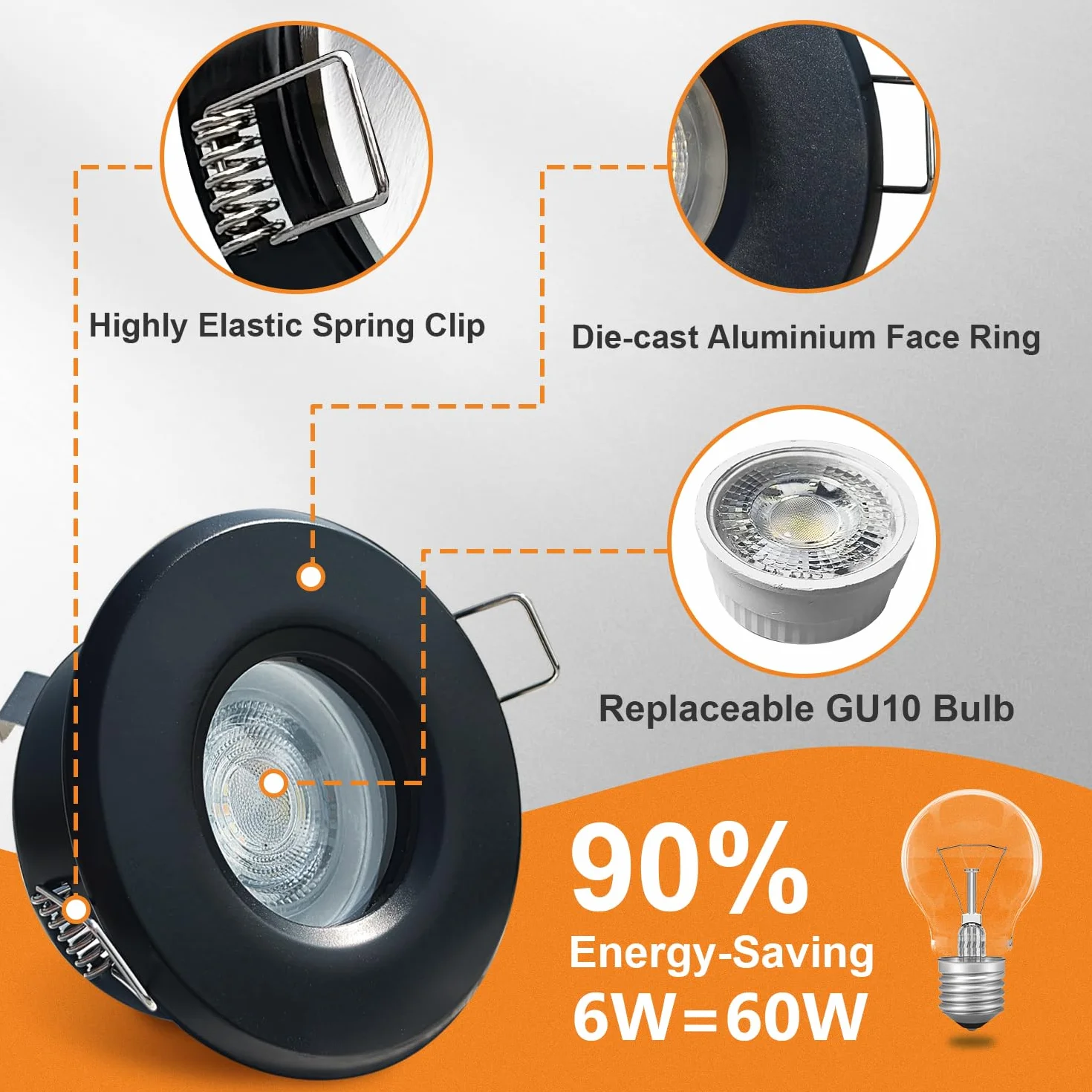 Reflektor LED Wpuszczany Ściemnialny 6W 680LM IP65 Ciepła Biel 3000K Neutralna 4000K Zimna 6000K Czarny 3 szt
