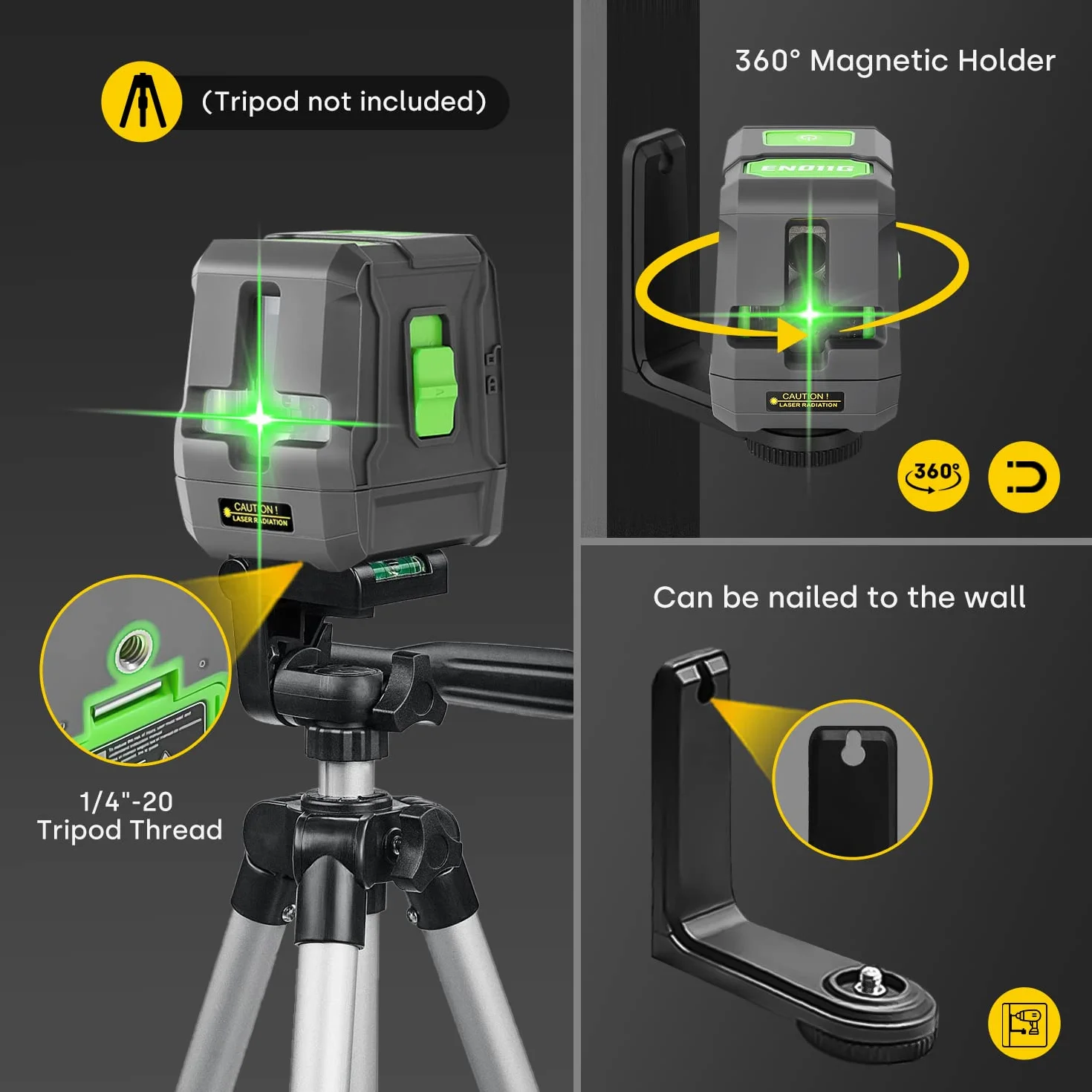 Laser krzyżowy zielony ENVENTOR samopoziomujący liniowy 25 m ± 0,3 mm/m IP54 z mocowaniem magnetycznym 360°