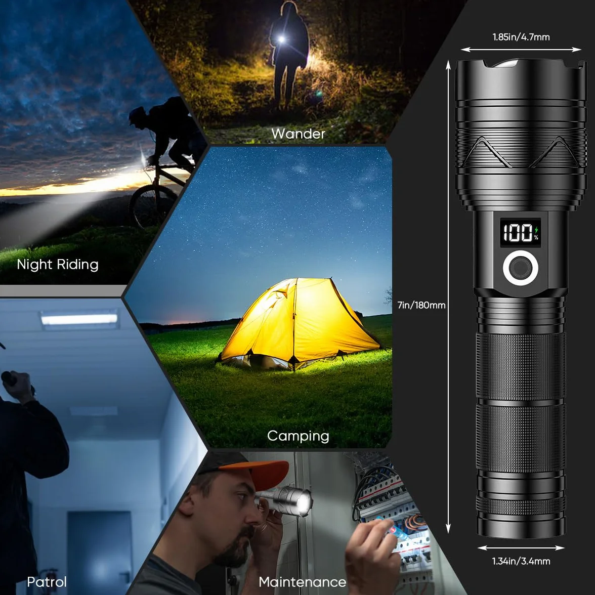 Latarka LED 30000 lumenów 5 trybów LCD regulowana ostrość wodoszczelna EDC Flashlight