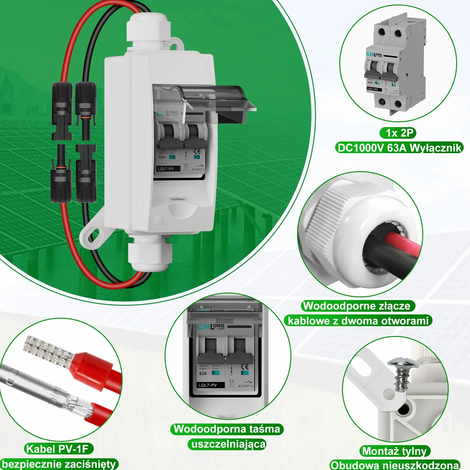 Wyłącznik Automatyczny 63A DC1000V 2P IP65 Wodoodporny do Paneli Słonecznych