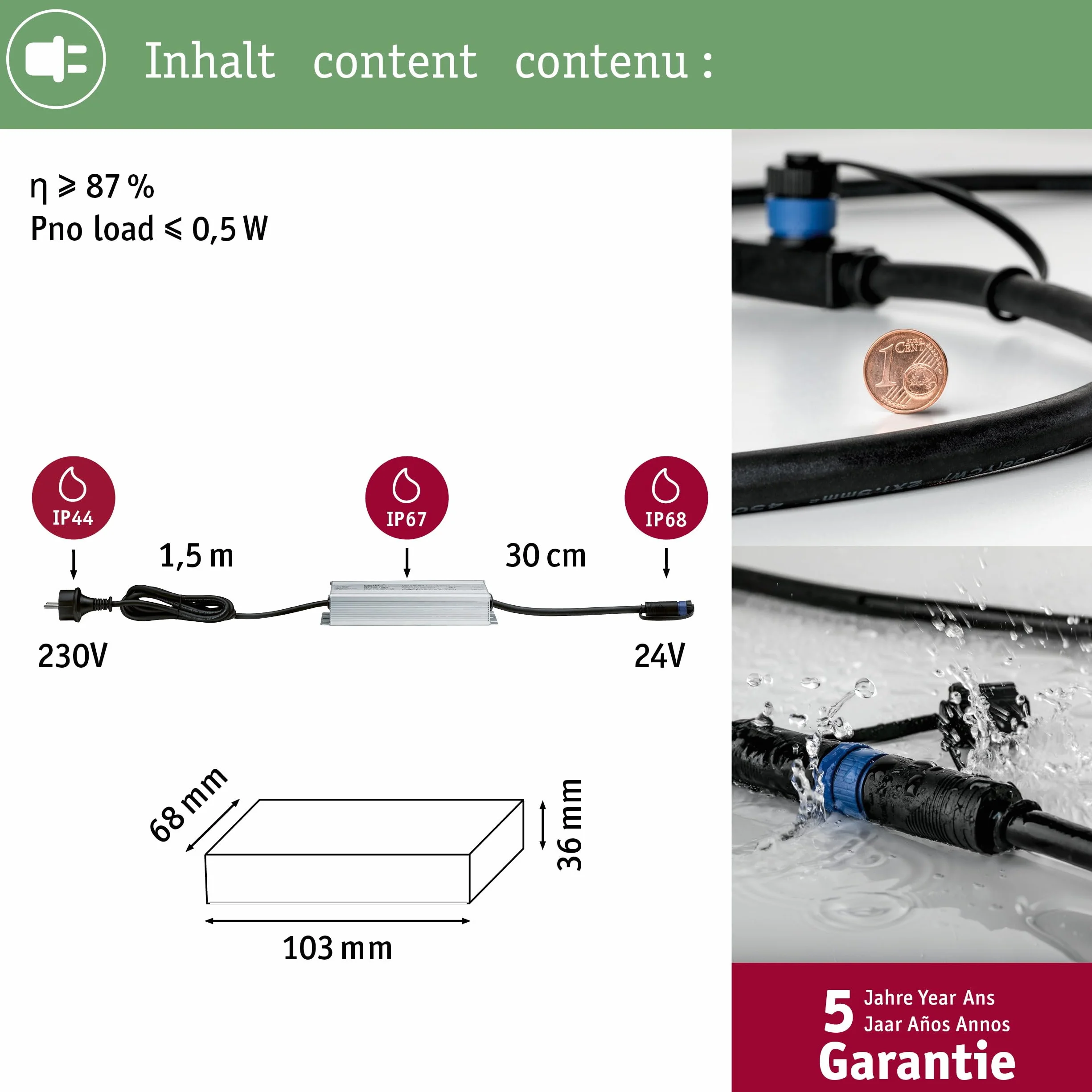 Paulmann 988.49 Outdoor Plug & Shine Power Supply IP44 230/24V DC 75W 98849 transformator lampy zewnętrznej, 18,6 x 6,4 x 4 cm