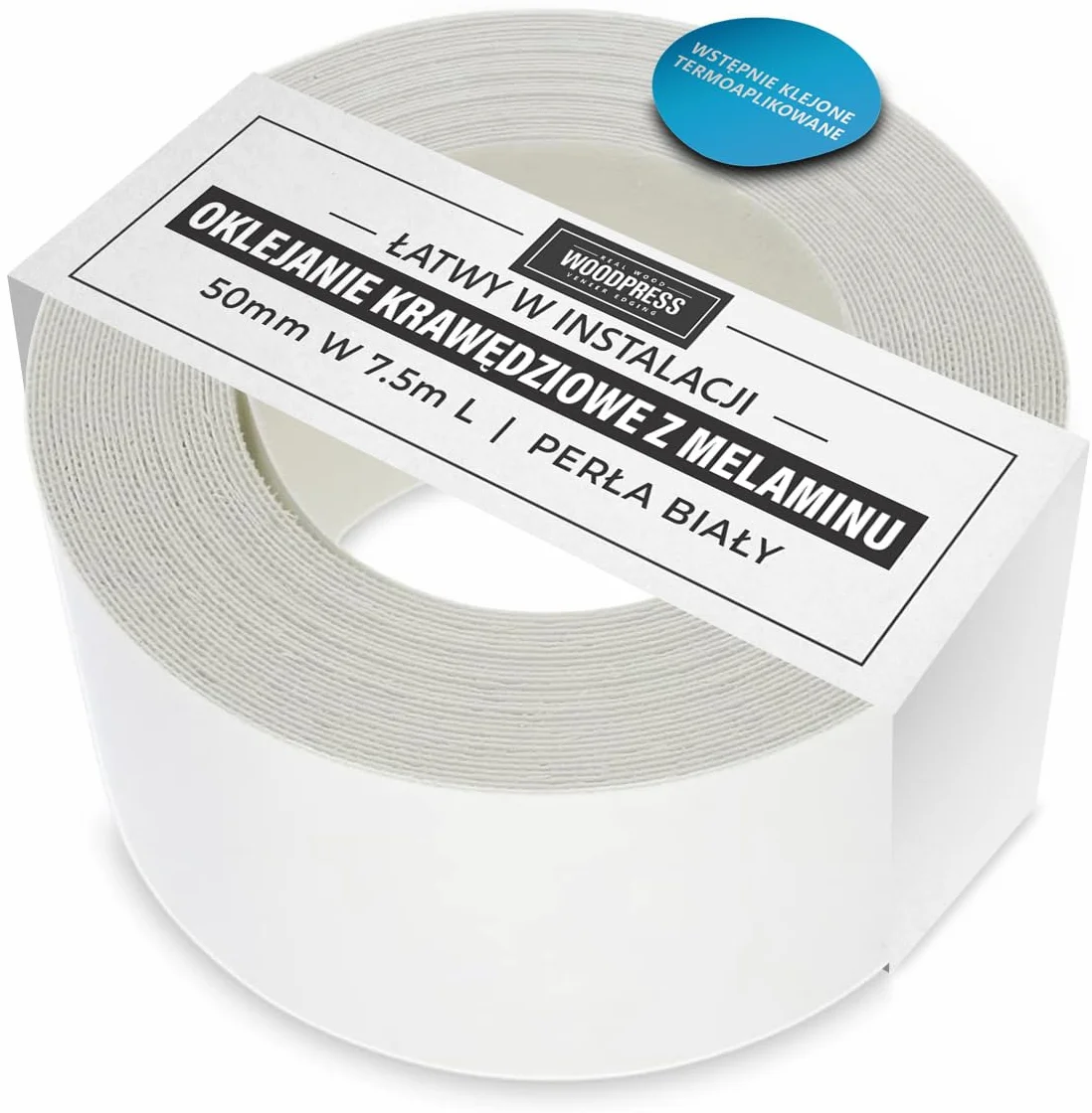 Perłowane białe obrzeże melaminowe, 50 mm, wstępnie przyklejona taśma fornirowa – rolka 7,5 m – naprasowanie dla łatwego nakładania DIY – zakryje krawędź standardowego panelu MDF