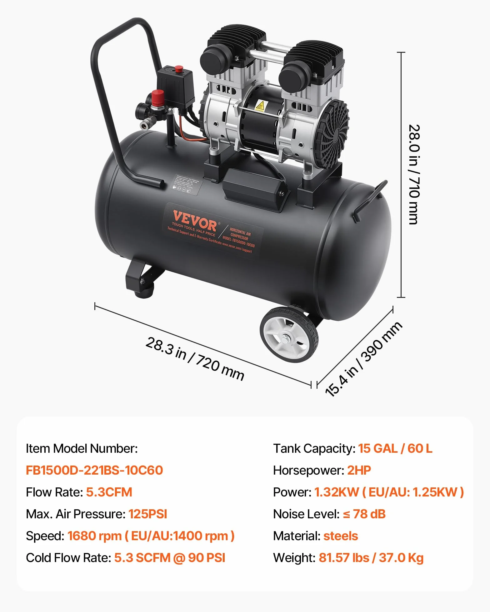 VEVOR Sprężarka powietrza 60 l bezolejowa 1,25 kW 5,3 CFM 125 psi