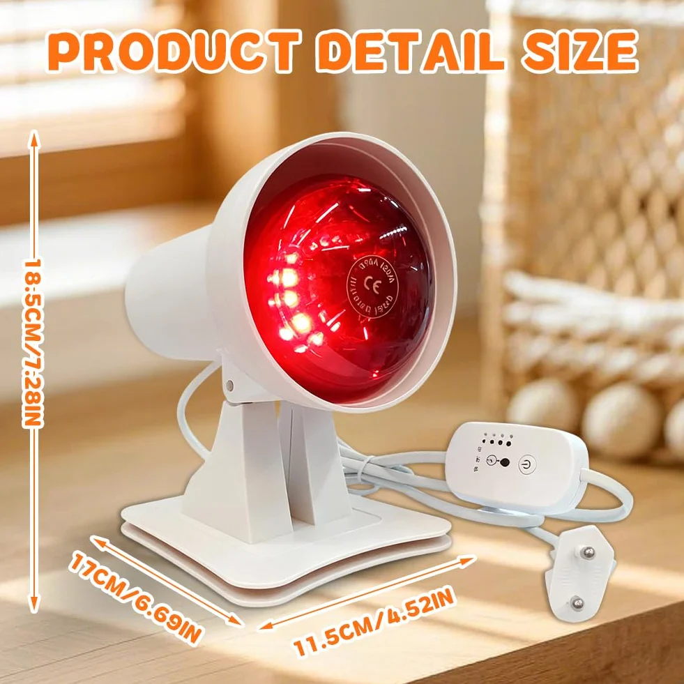 Lampa na podczerwień 150 W, czerwone światło, lampa grzewcza z timerem i regulowaną temperaturą, czerwone światło, terapia twarzy i ciała, głębokie ciepło zapobiegające zmęczeniu mięśni, regulowany