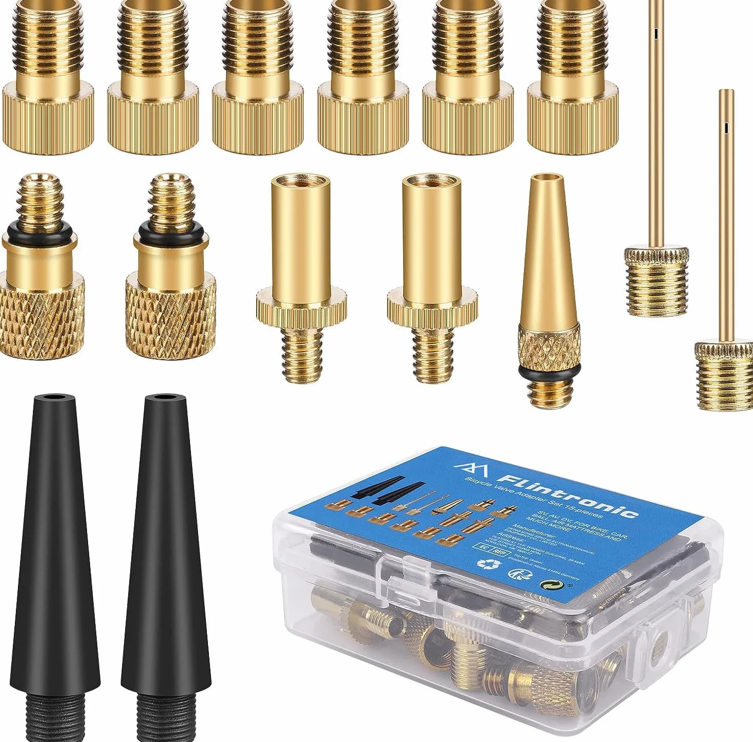 flintronic Adapter do wentyla rowerowego 15 szt., adapter do pompki rowerowej, adapter wentyla rowerowego DV/SV/AV, do sprężarki rowerowej, do pompki kulowej, do pompy powietrza