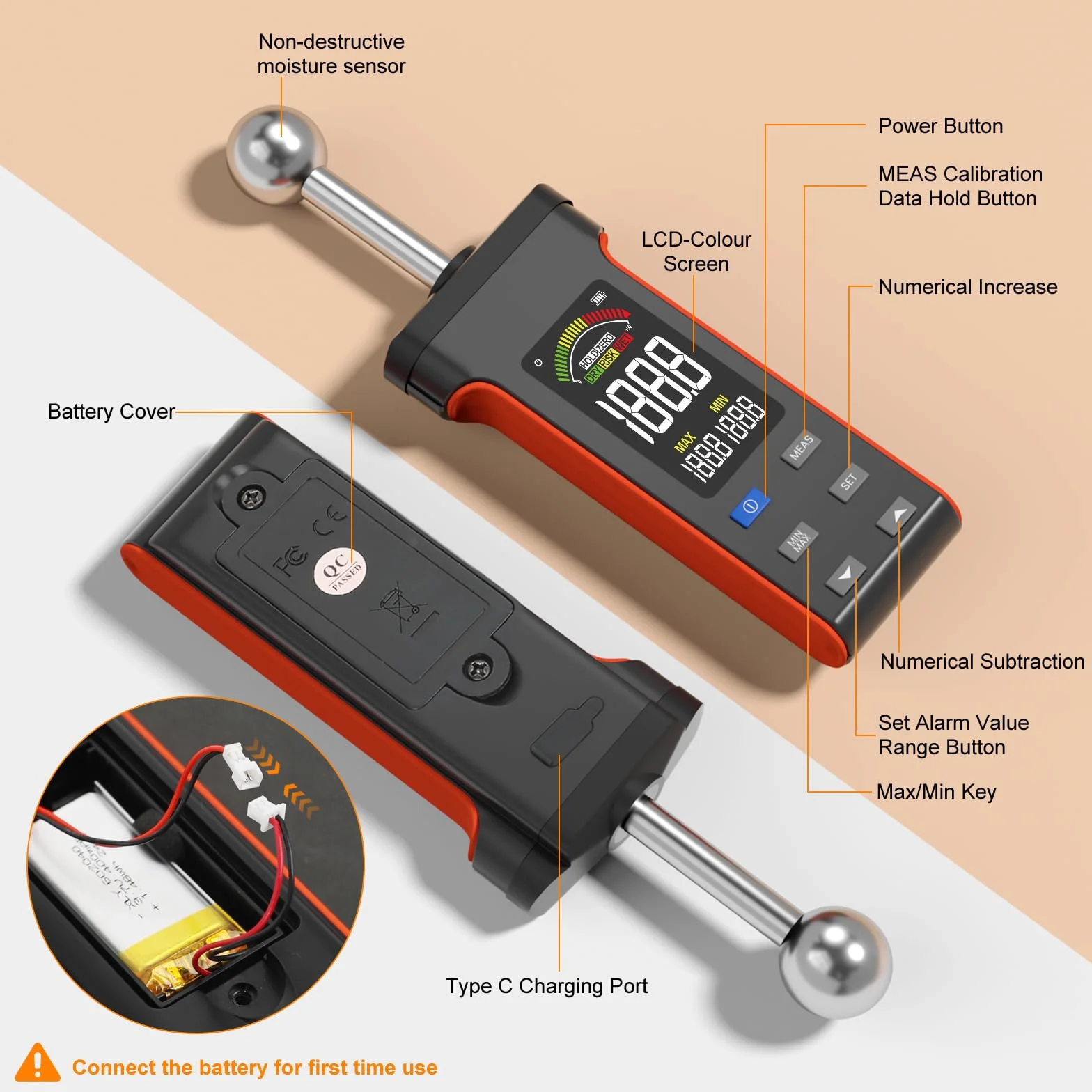 Miernik wilgotności z możliwością ponownego ładowania, kolorowy wyświetlacz LCD, alarm akustyczny, detektor wilgotności 20-40 mm do ścian, drewna, tynku