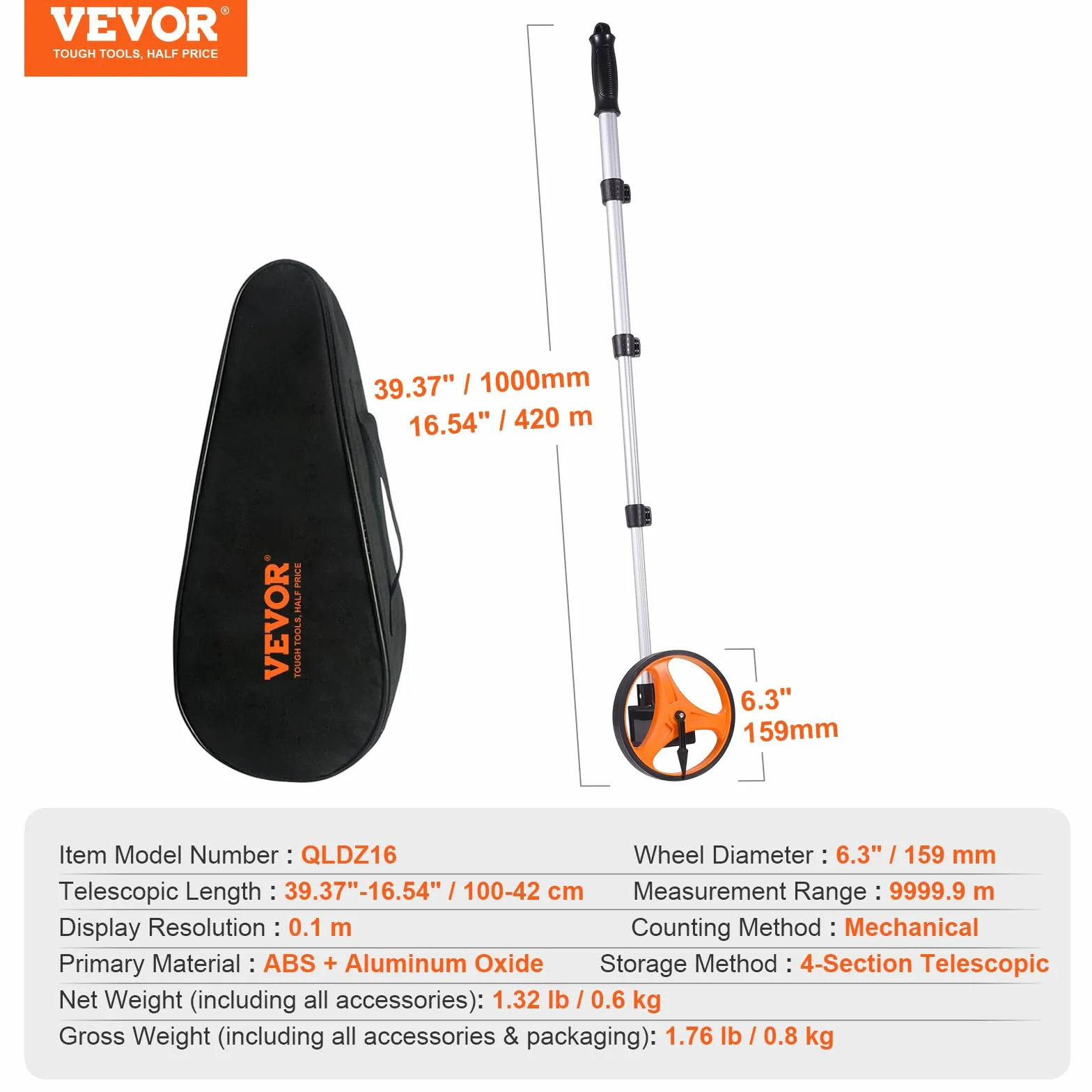 VEVOR Koło pomiarowe 159 mm Dalmierz 9999,9 m teleskopowe 100-42 cm ABS tlenek aluminium mechaniczne liczenie z plecakiem