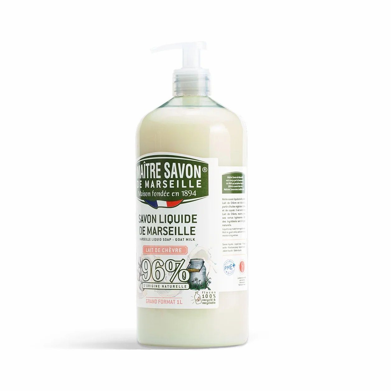 Mistrz Mydło marsylia - Mydło marsylia w płynie Mleko kozie - 1L - 96% pochodzenia naturalnego