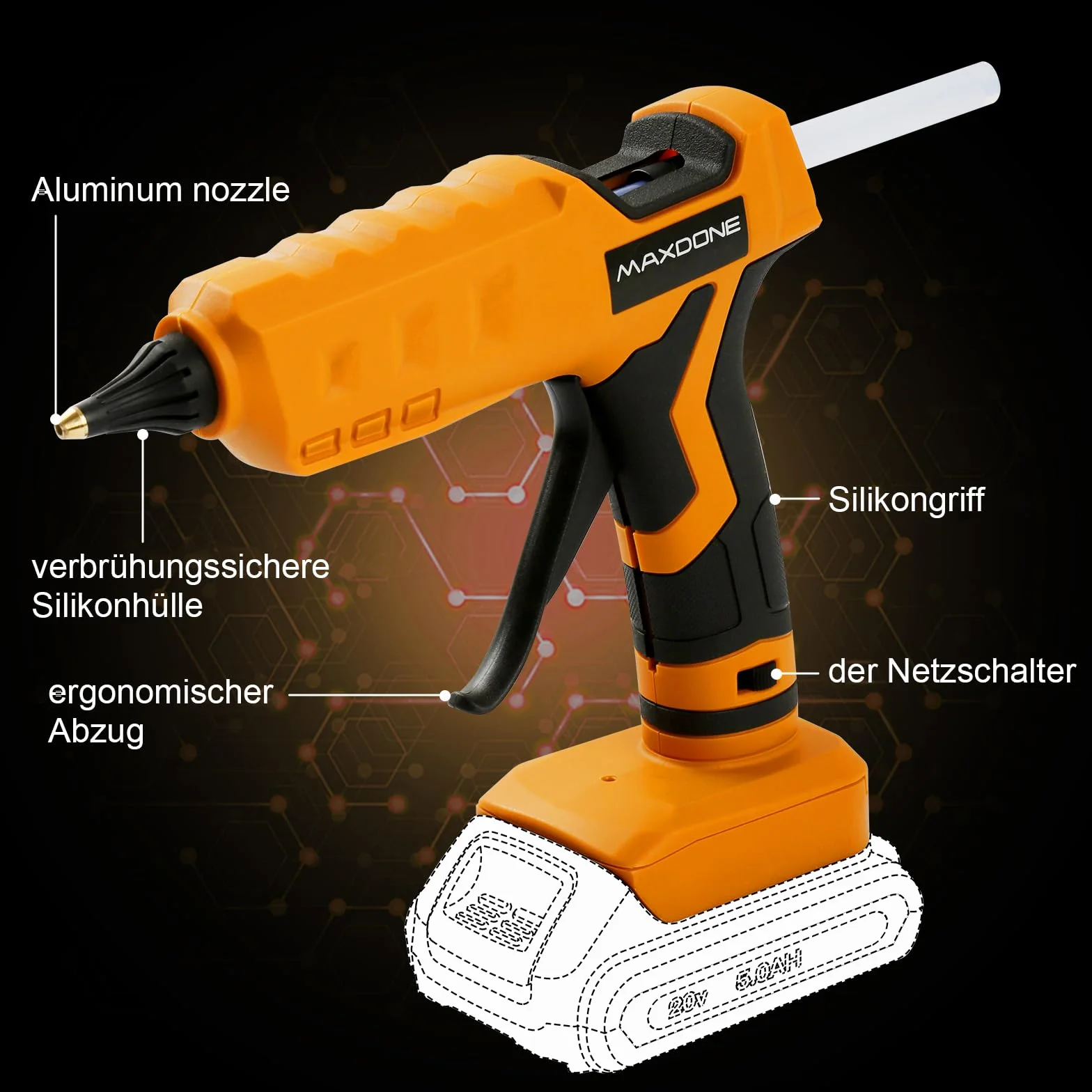 Bezprzewodowy pistolet do klejenia na gorąco Dewalt 18 V XR 100 W, pałeczki 11 mm