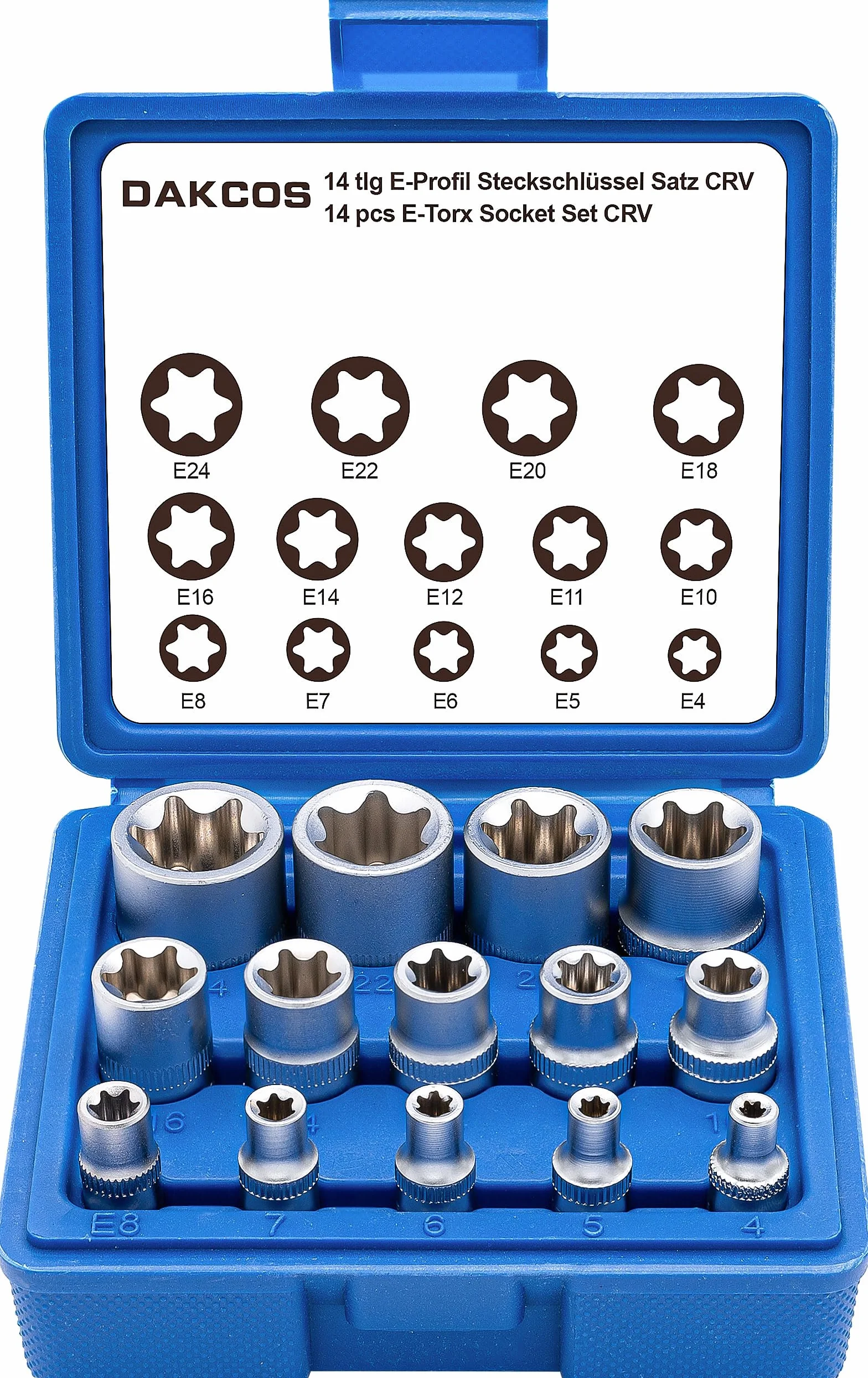 DAKCOS 14-częściowy zestaw kluczy nasadowych Torx E-Torx 1/4 3/8 1/2 cala CR-V