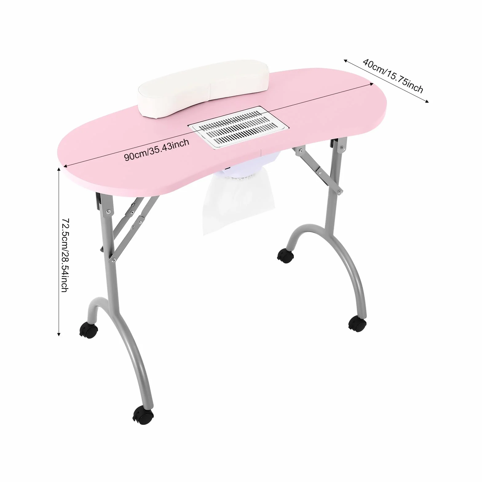Przenośny składany stół do manicure z uniwersalnymi kółkami, odpowiedni do domu, salonu paznokci, salonu piękności, biura, kolor różowy, z przyssawką i akcesoriami do czyszczenia paznokci