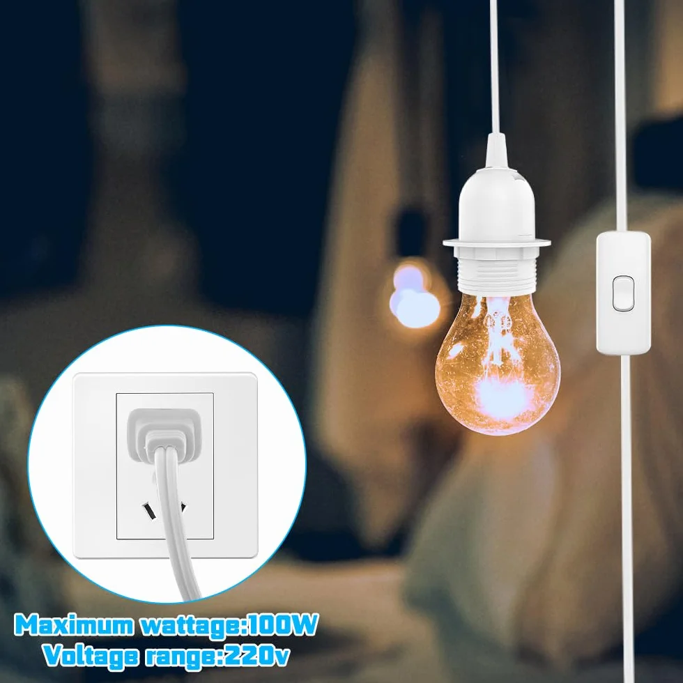 Oprawa lampy E27 z przełącznikiem z wtyczką, 3 x oprawka E27 z kablem sieciowym 3 m, pierścień śrubowy, do zawieszenia lampy, lampa wisząca do salonu, sypialni i kuchni (biała)
