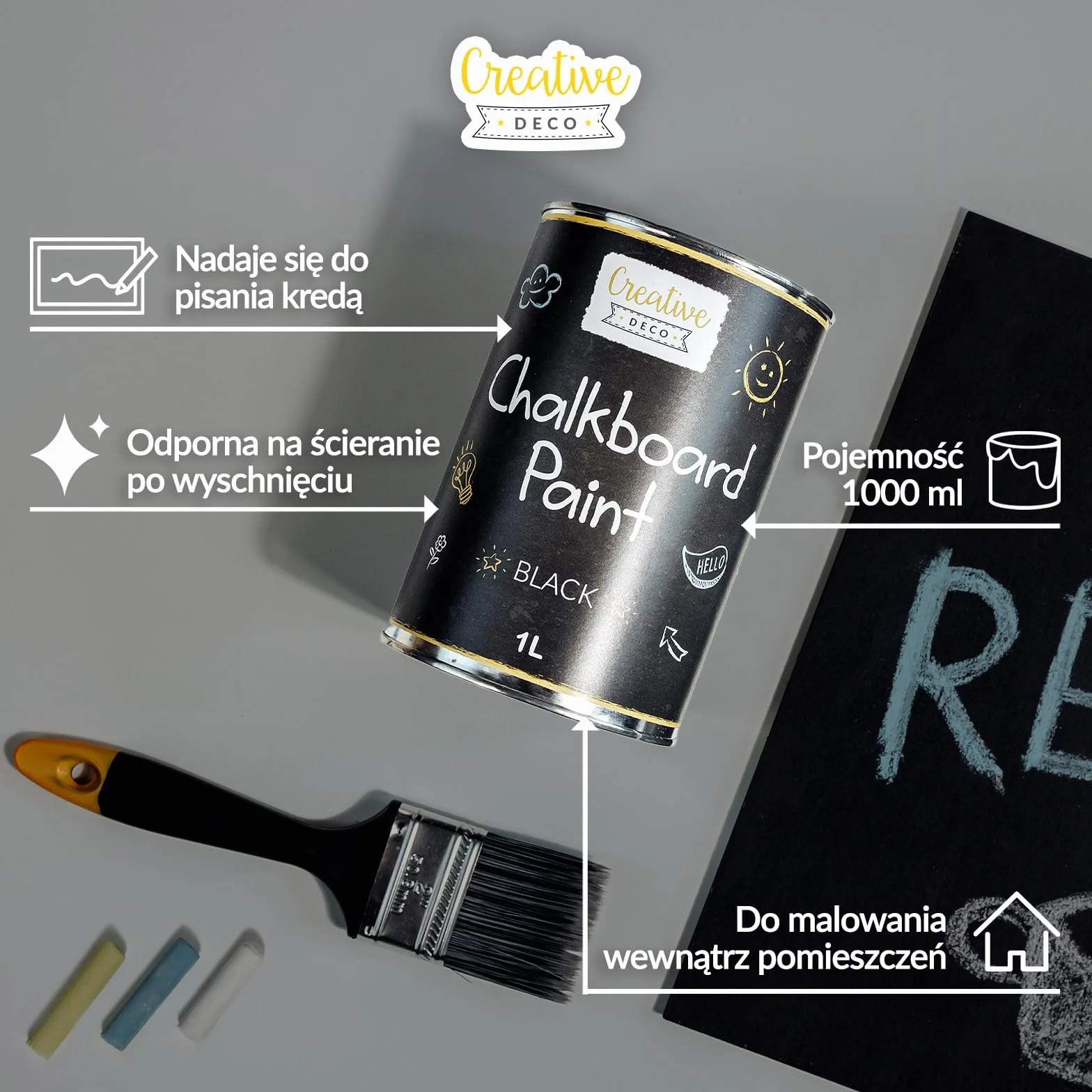 Creative Deco Farba Tablicowa Kredowa | 1000 ml | Matowe Wykończenie do Ścian, Drewna, Metalu i Szkła | Nietoksyczna | Idealna do Rysowania i Pisania Kredą