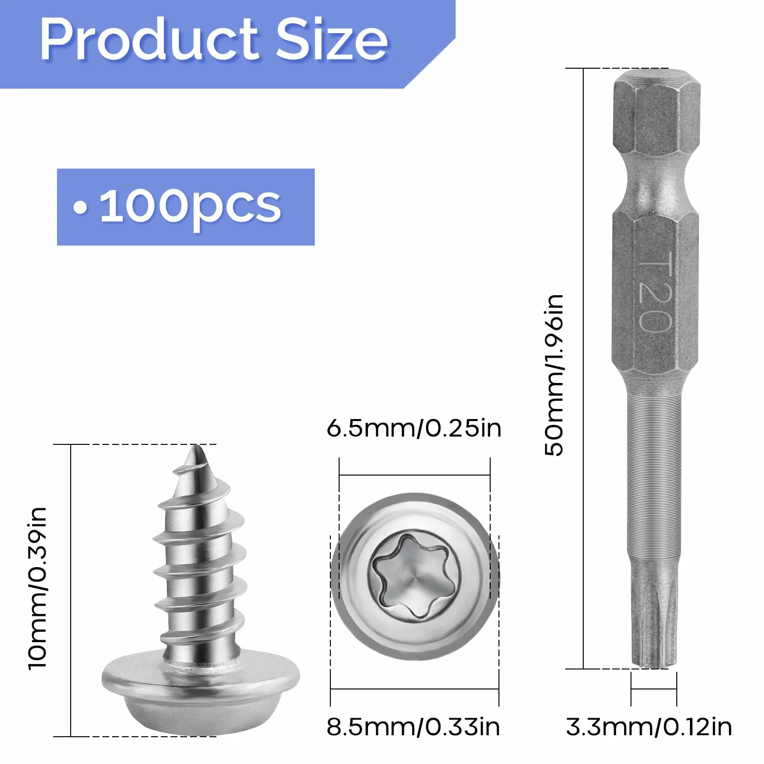 Wkręty samogwintujące ze stali nierdzewnej Torx M4 x 10 mm, 100 sztuk z śrubokrętem T20