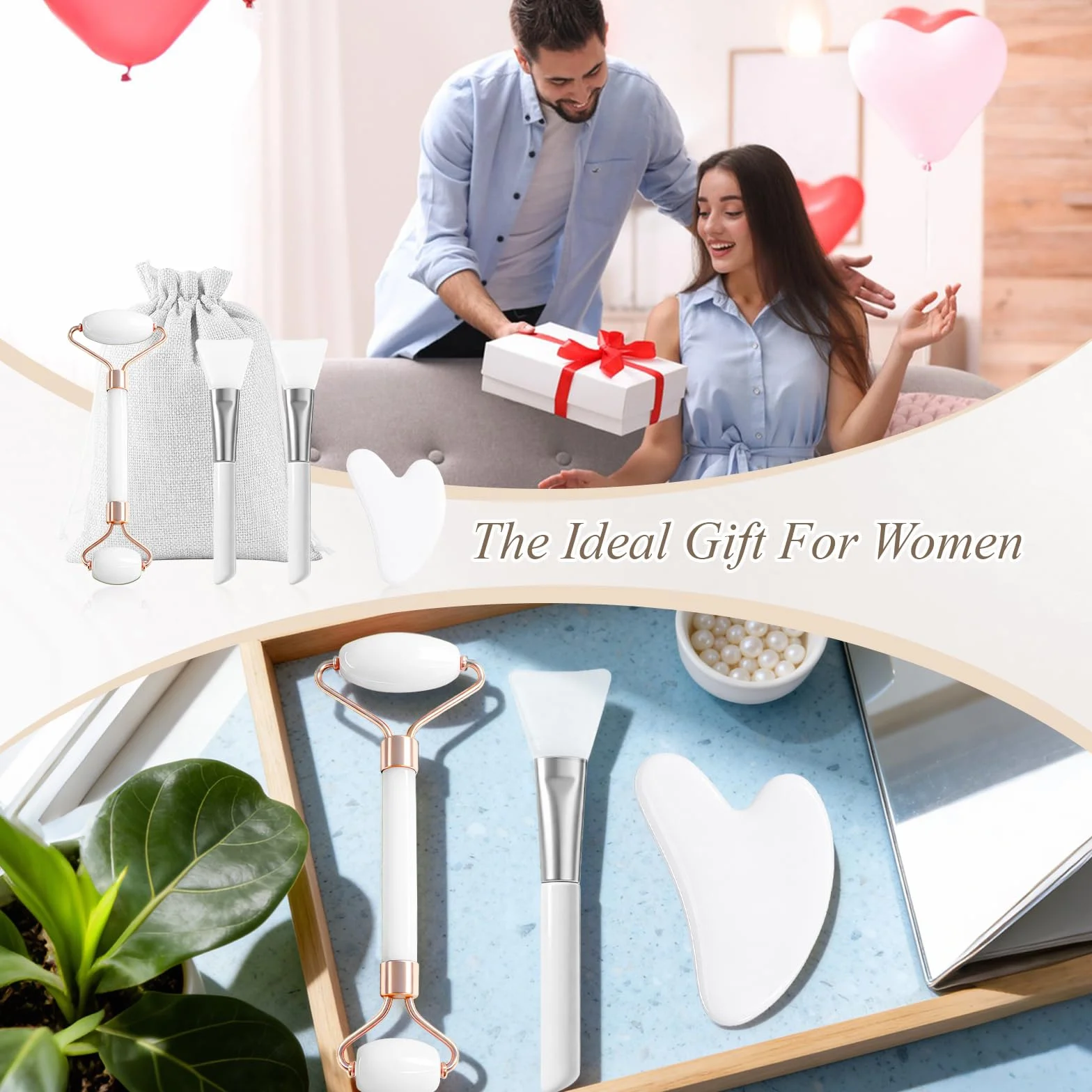 flintronic Zestaw 7 w 1 Gua Sha do twarzy, Gua Sha i wałek do twarzy, wałek do masażu twarzy przeciwzmarszczkowy, łagodzi skórę i eliminuje obrzęk oczu