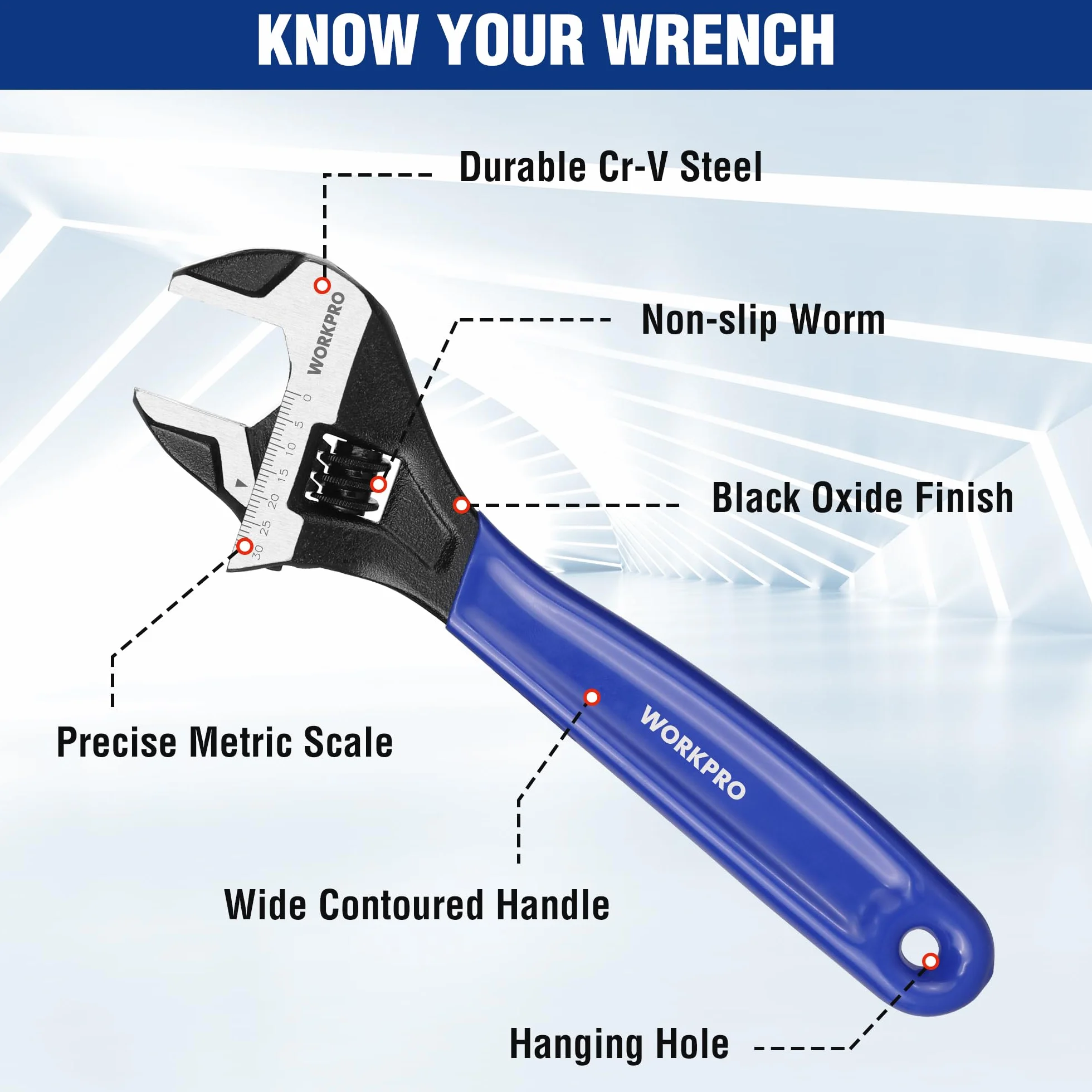 WORKPRO Klucz francuski 200 mm nastawny ze stali Cr-V uchwyt dwuskładnikowy
