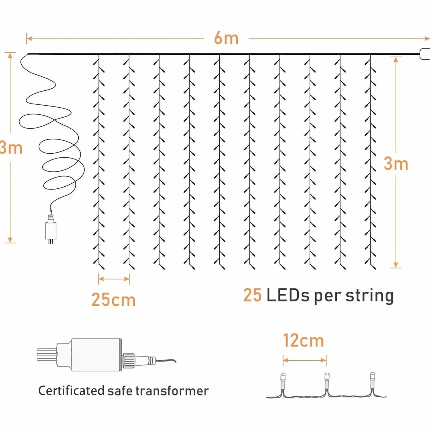 Elegear Zewnętrzna Kurtyna Świetlna 6m x 3m 600 Led IP44 8 Trybów Świecenia Ciepła Biel