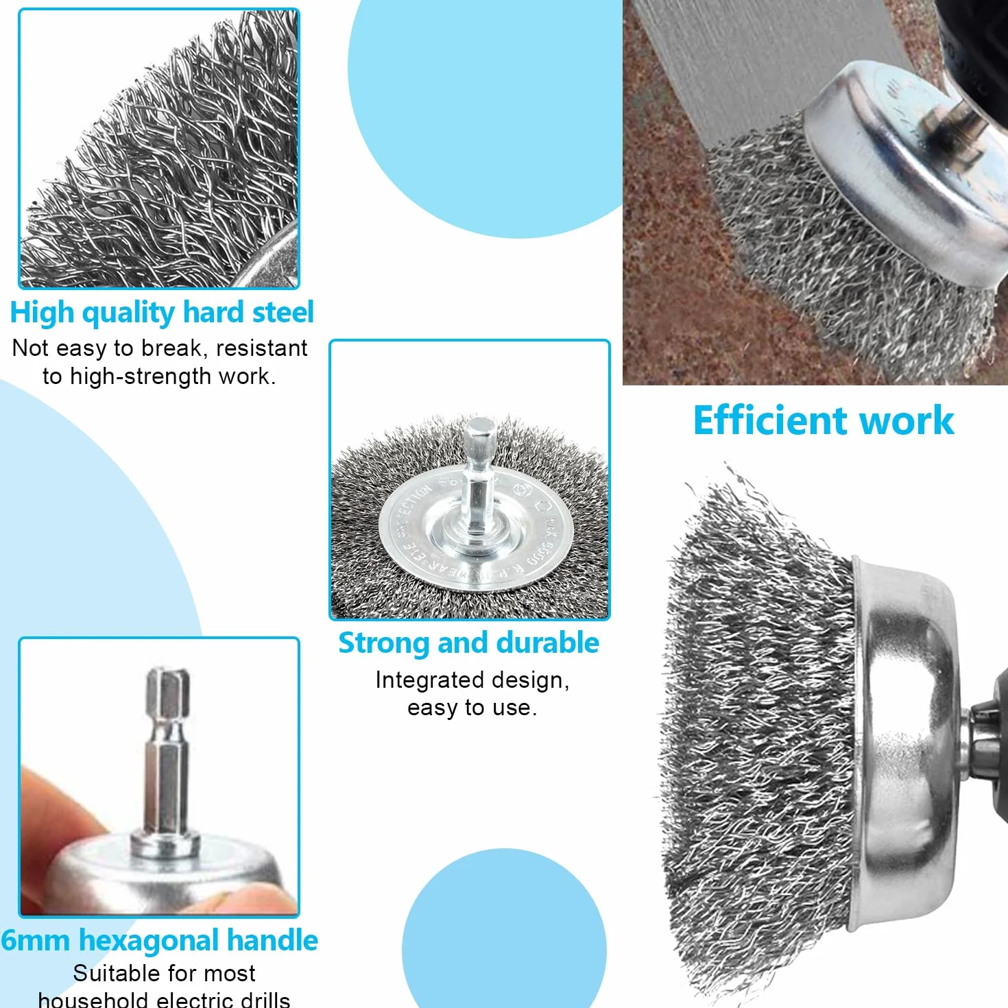 16 sztuk szczotek drucianych do wiertarki, zestaw z sześciokątnym drążkiem 6 mm, 19-100 mm
