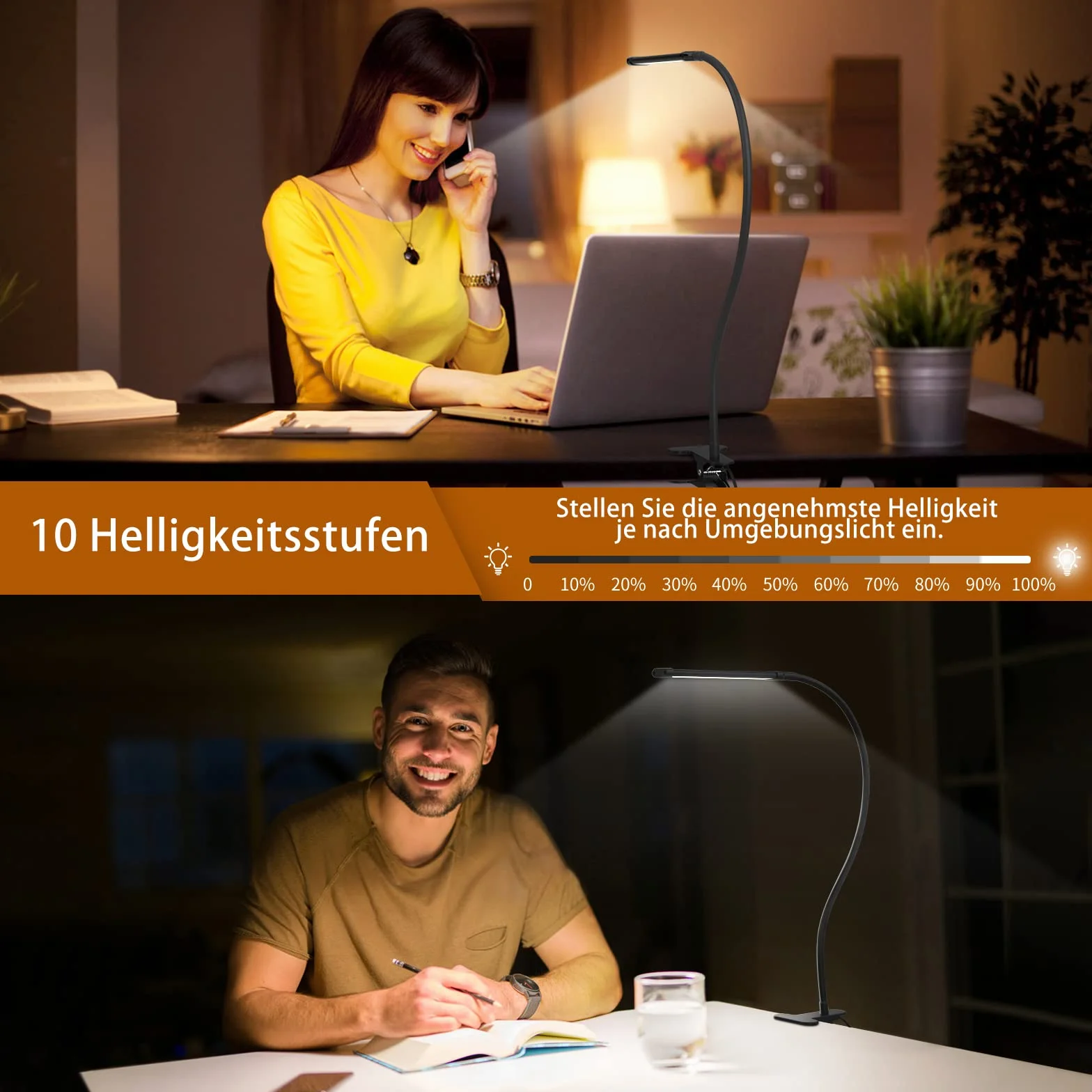 iZELL 77 LED Lampa biurkowa 70 cm z zaciskiem, 3 kolory, 10 poziomów jasności, 360° elastyczna, USB