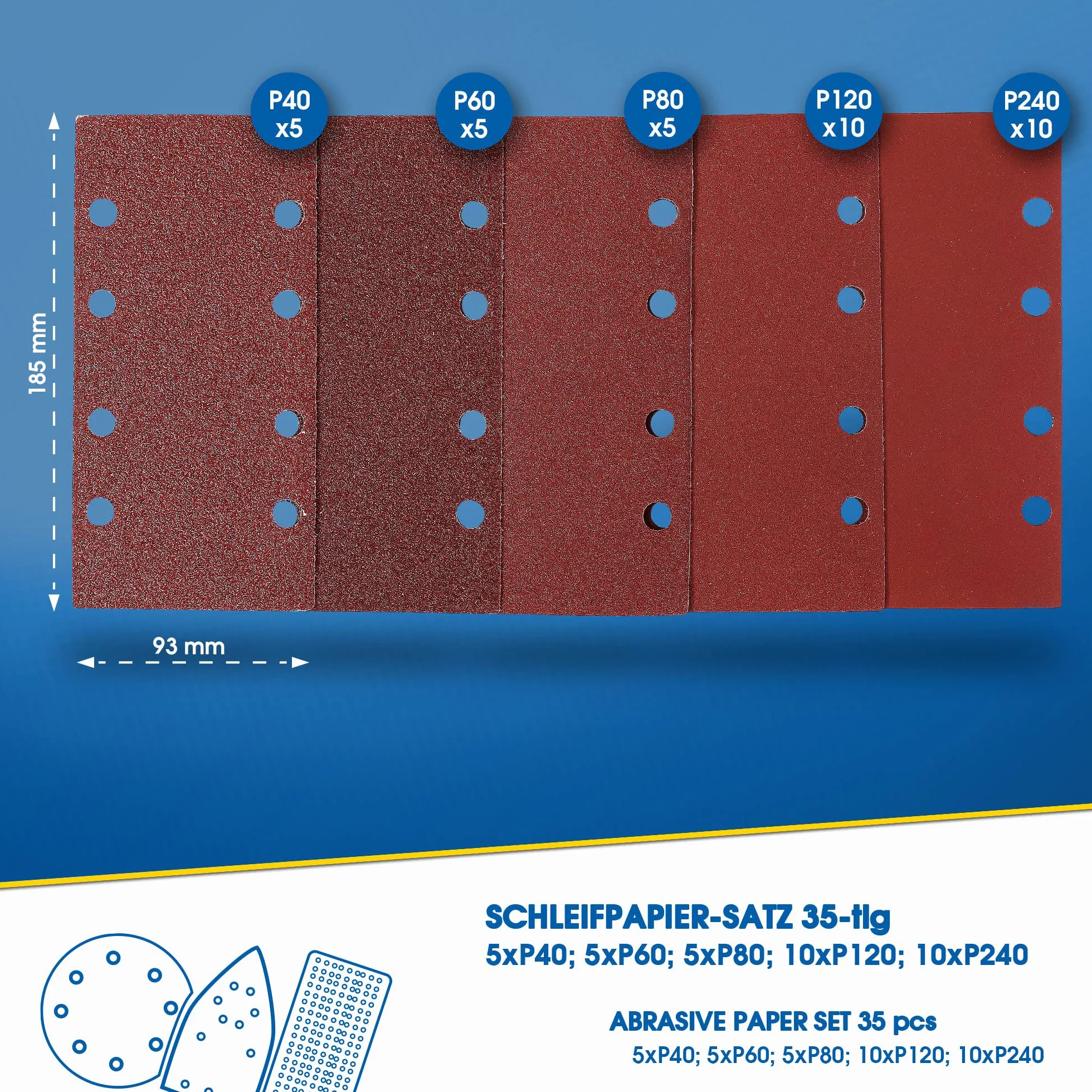 S&R Profesjonalny zestaw papieru ściernego 35 arkuszy 93x185 mm P40-P240 paski szlifierskie na rzep do drewna metalu tworzywa sztucznego