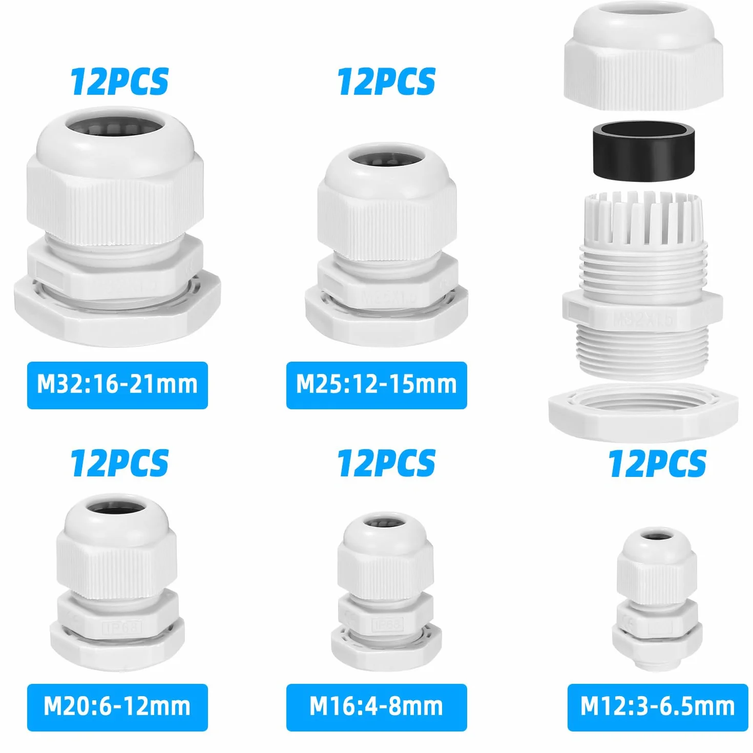 Przepust kablowy IP68 wodoszczelny M12 M16 M20 M25 M32 nylonowy zestaw 60 sztuk