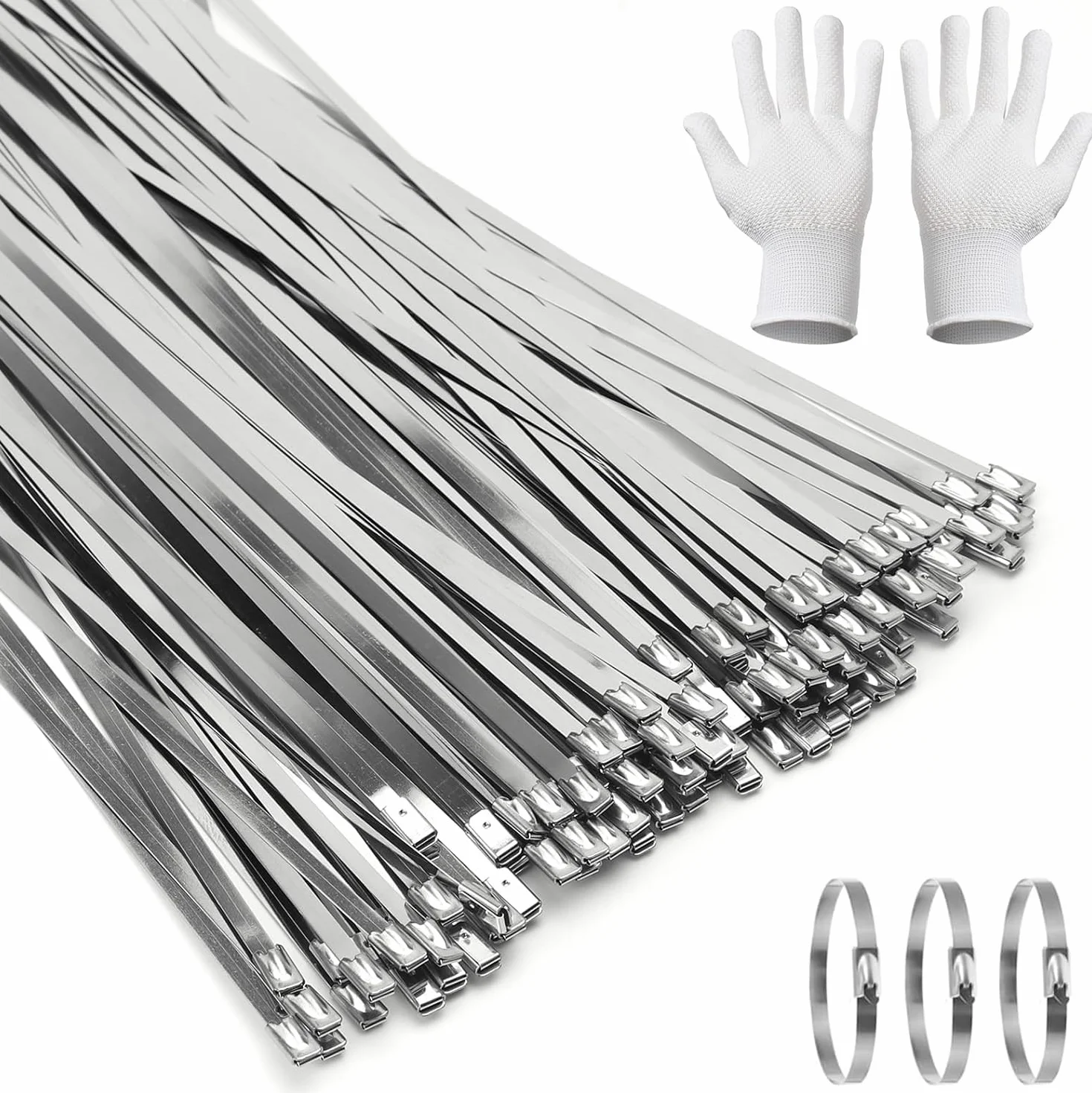 100 sztuk opasek kablowych ze stali szlachetnej, 300 x 4,6 mm Srebrny samonapinacze metalowe opaski kablowe ze stali szlachetnej 304, opaski kablowe do spawania siatki do owijania rury wydechowej