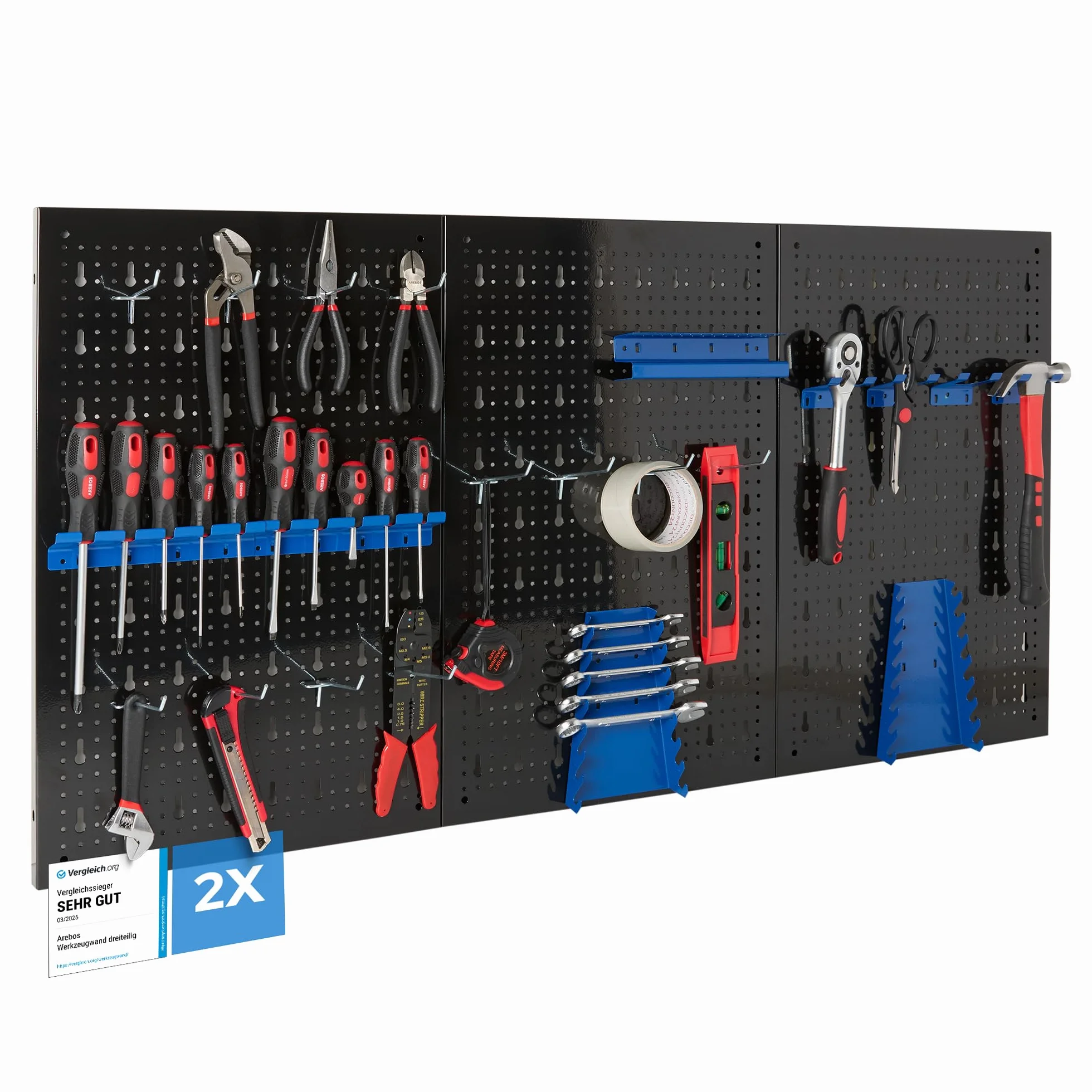 Arebos Ścienna Tablica Narzędziowa 6-częściowa | Zestaw 34 Haczyków i Uchwytów | 235,2x59,5 cm | Metalowa Perforowana Tablica do Warsztatu | Montaż w Zestawie | Niebieska