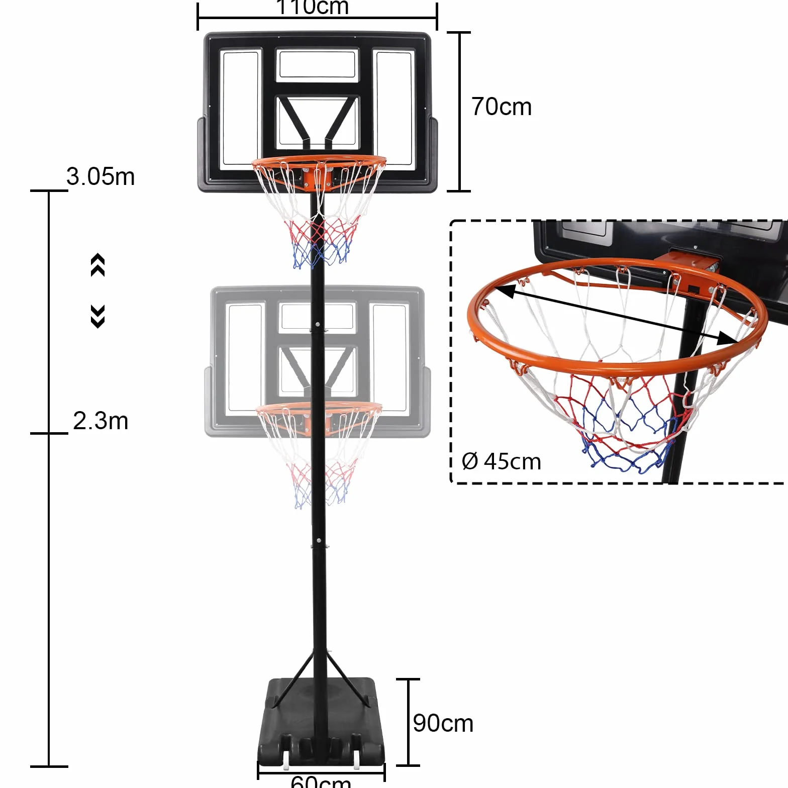 Regulowany kosz do koszykówki ze stojakiem i kółkami, stojak do koszykówki – regulacja wysokości w zakresie 230-305 cm, łącznie z piłką do koszykówki i pompką – do użytku na zewnątrz