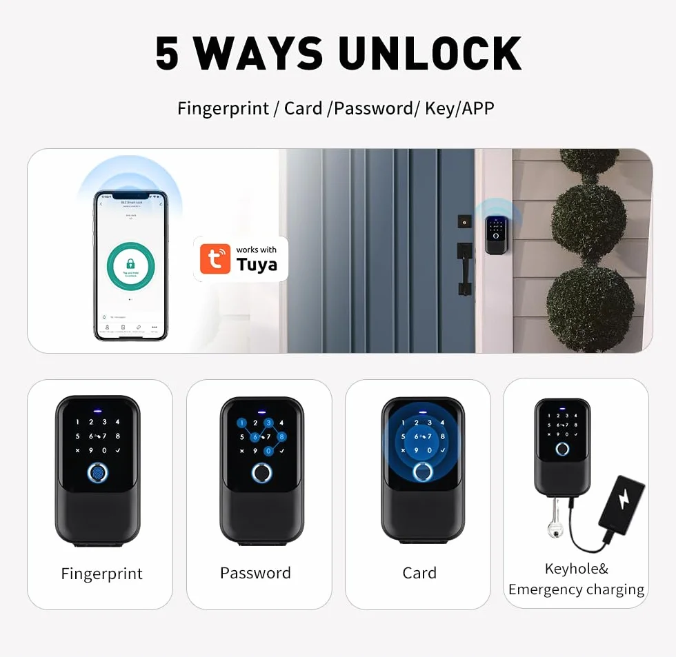 Podłączona skrzynka na klucze - Internet przez Tuya i bramę Bluetooth/Wi-Fi 2.4 GHz - Metody: Smartphone, kod, odcisk palca, karty RFID (4) + klucze awaryjne (2) - IP65
