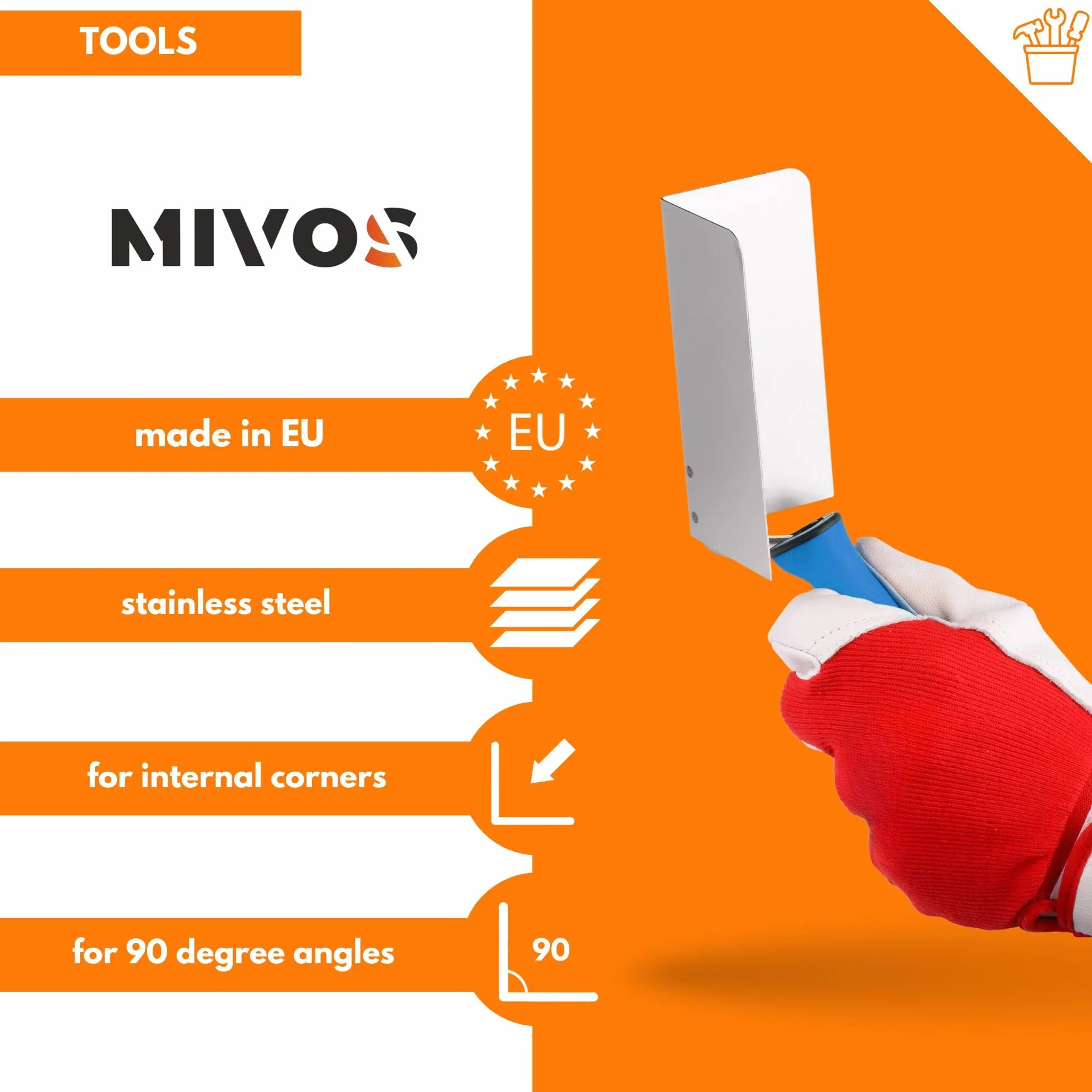Mivos Kielnia narożna ze stali nierdzewnej 120 x 60 mm paca wewnętrzna z miękkim uchwytem