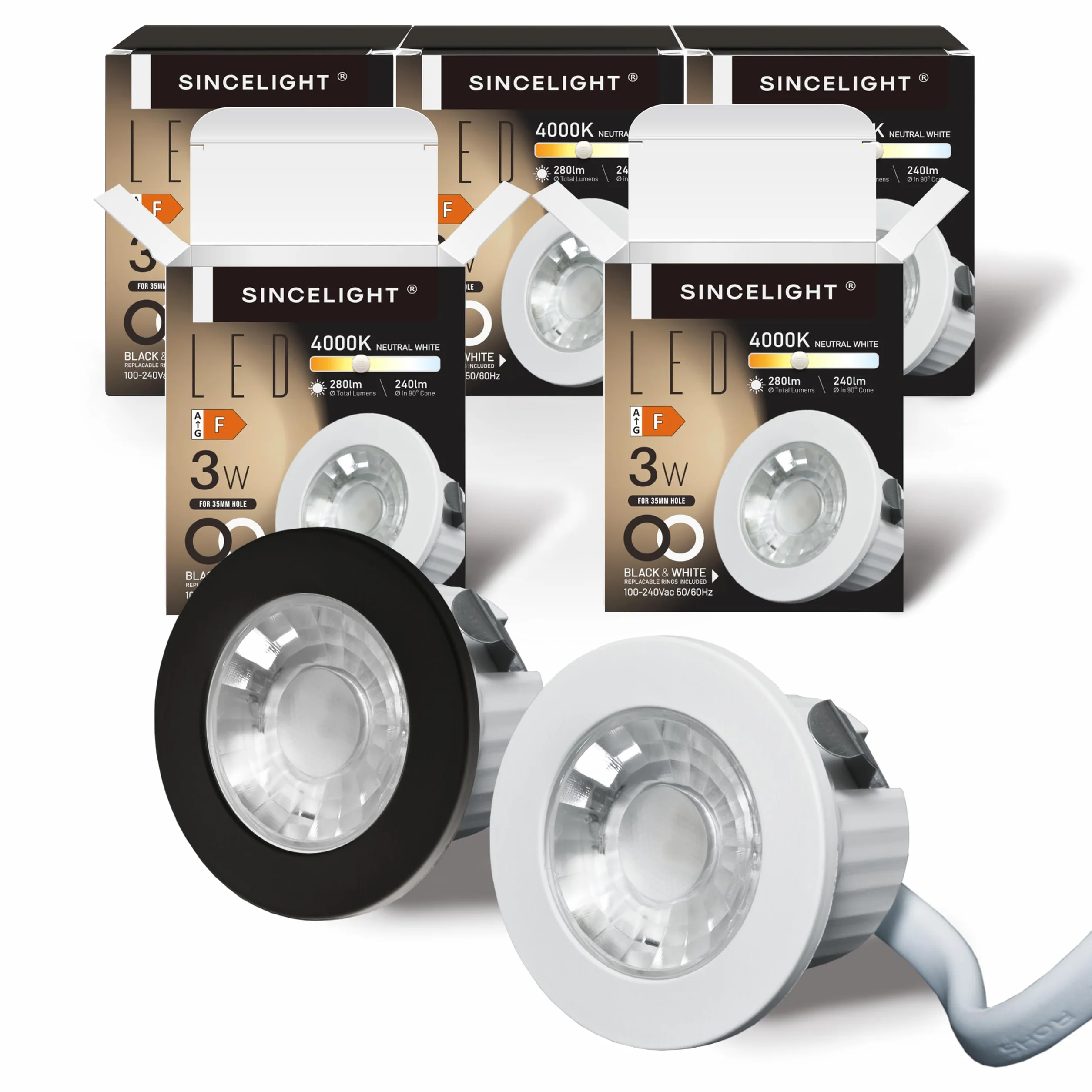 SINCELIGHT MINI Reflektory Sufitowe LED, 3W Mały Downlight do otworów 35-40mm w Sufitu/Szafki/Gabloty, Wymienny Pierścień Biały/Czarny, Wodoodporność IP65, RA≈92, Neutralny Biały 4000K, 5 Szt.