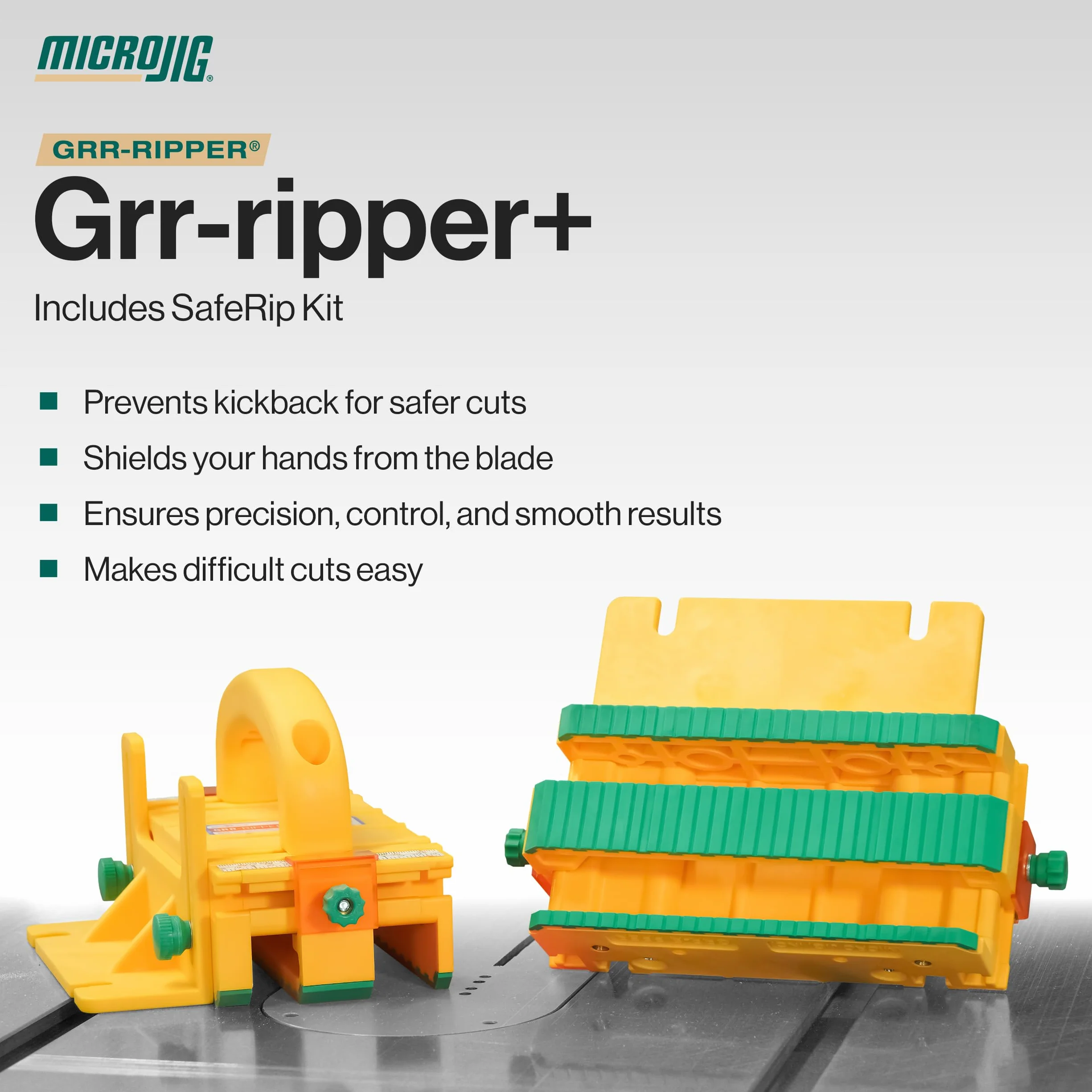 Microjig GRR-RIPPER+ SafeRip Kit Adjustable 3D Push Block for Table Saws Yellow/Green