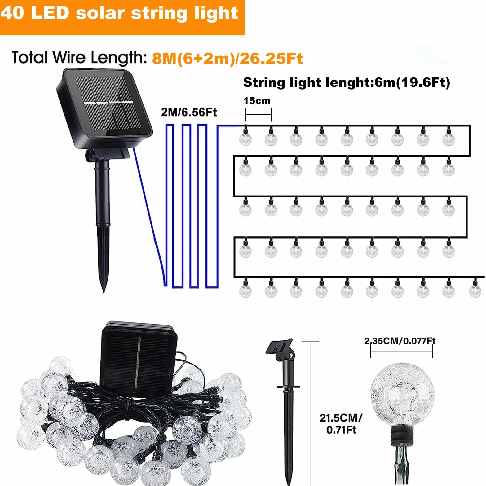 Solarny łańcuch świetlny, 40 diod LED, 6 m, do ogrodu, wodoodporny, 8 trybów, do użytku wewnątrz i na zewnątrz, do sypialni, na podwórko, na wesele, dekoracje imprezowe, ciepła biel